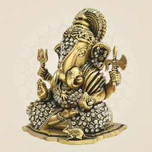 4" Brass Ganesha Statue in Fierce Form with Jewellery Stone Detailing - Luxeartisanship