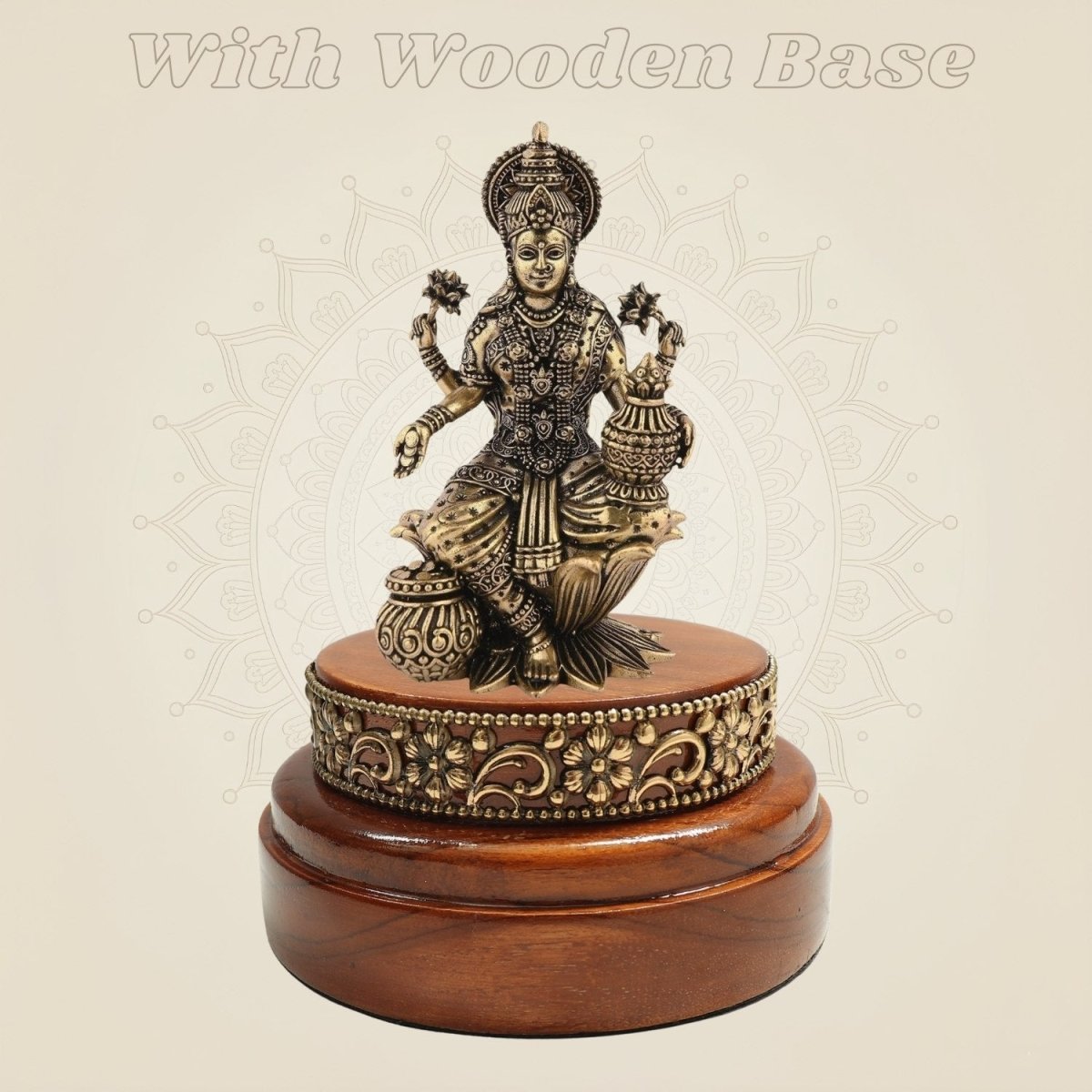 4" Brass Laxmi Idol with Round Wooden Base Decorative Statue - Luxeartisanship