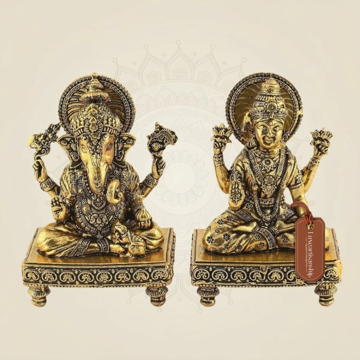 4" Laxmi Ganesh Brass Idol Pair – Handcrafted Platform Statues for Pooja & Gift Decor