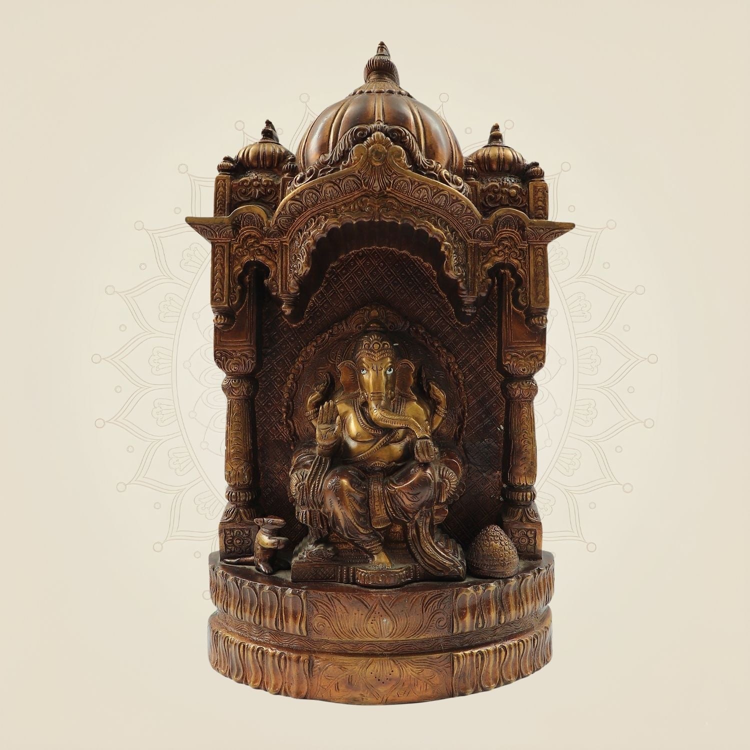 16.5" Seated Brass Ganesh Idol Big Size in Carved Mandap Design | Divine Home Decor
