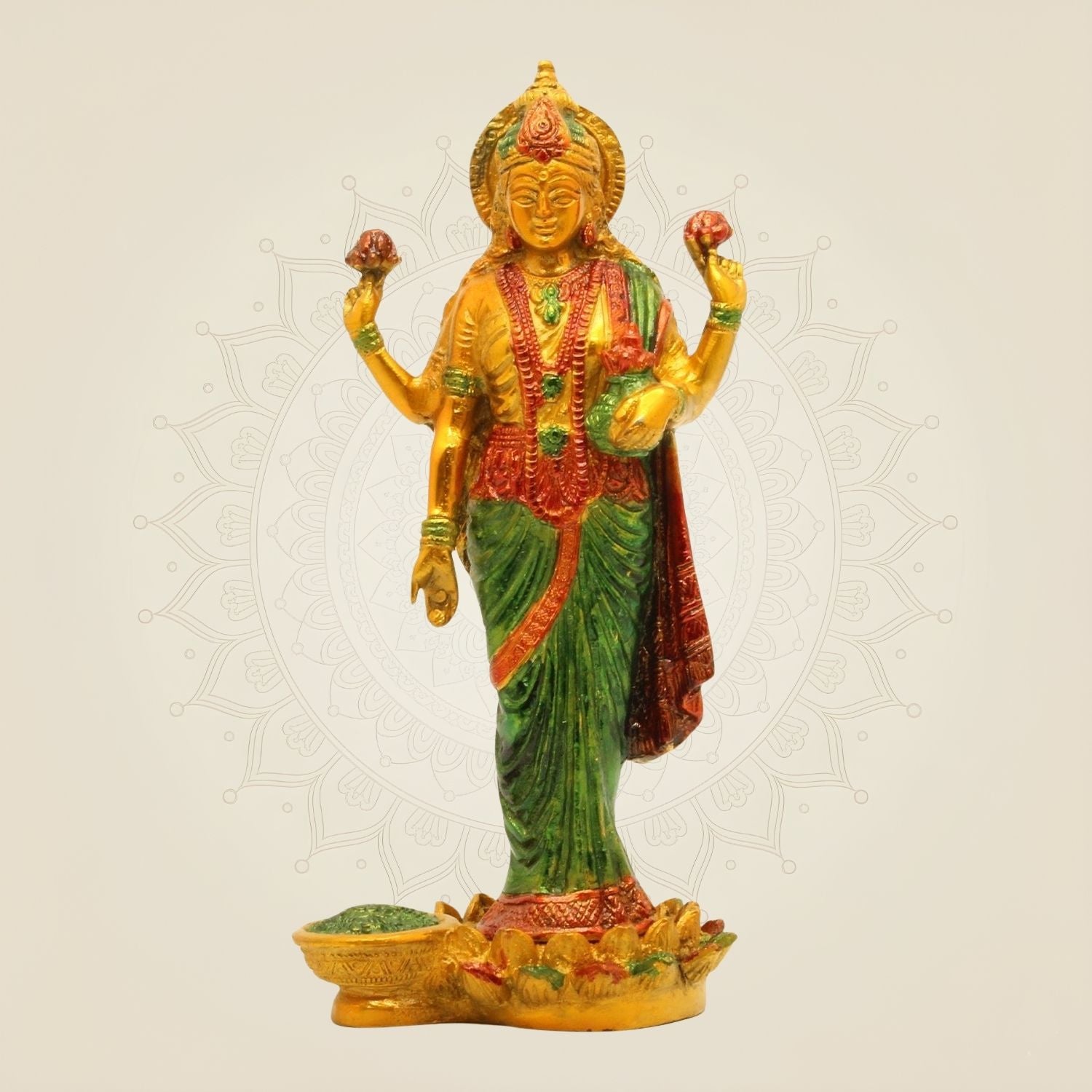 Standing Lakshmi Brass Idol 10" – Hand-Painted Hindu Goddess Prosperity Statue