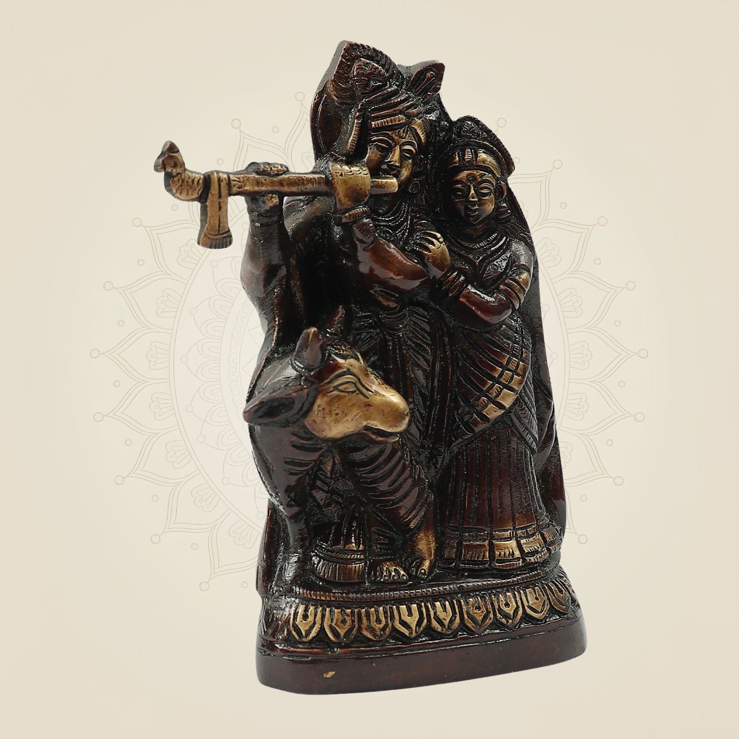 Brass Radha Krishna with Cow Idol 6" – Elegant Murti for Puja, Janmashtami & Home Décor