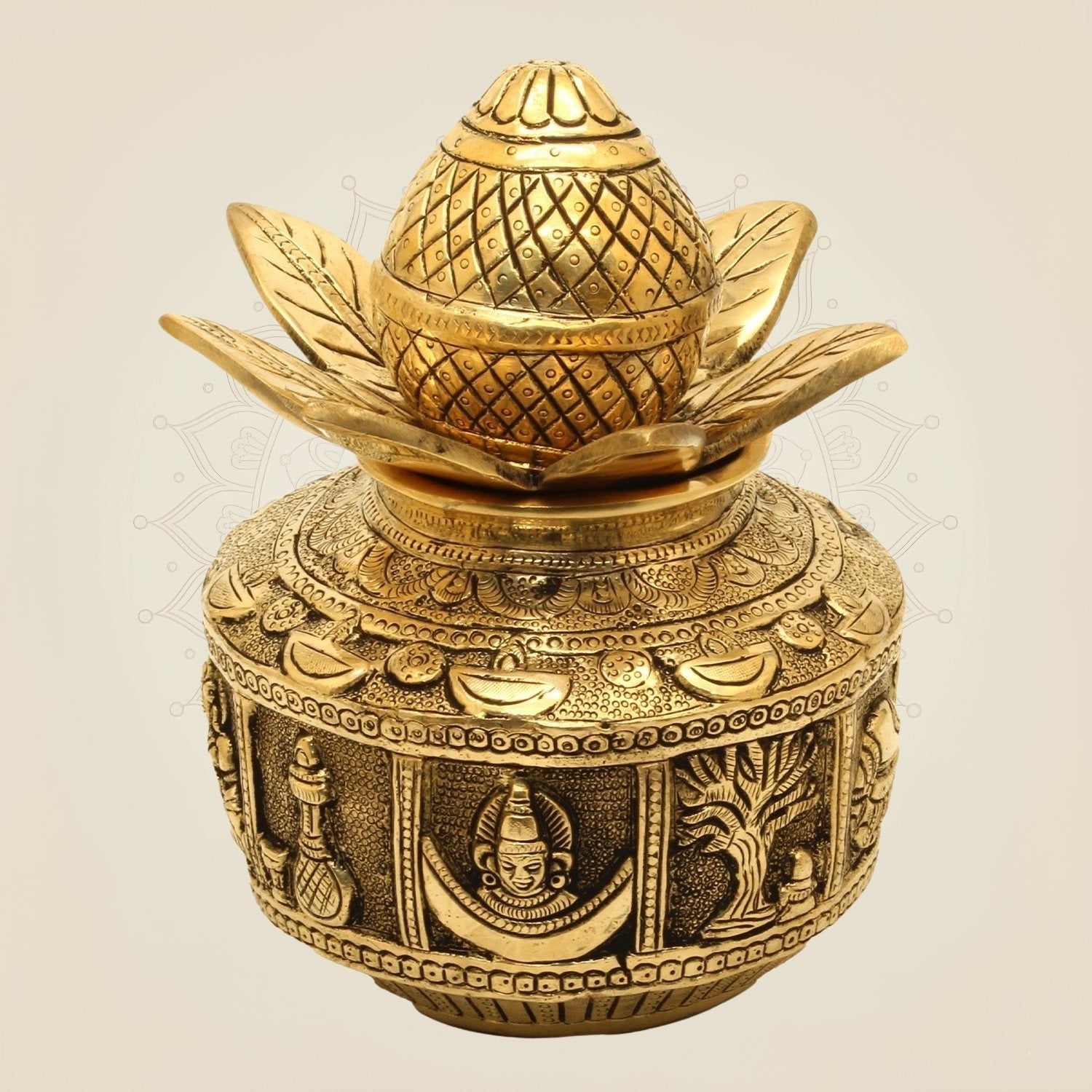 Handcrafted Brass Kalash with Coconut & Lotus 7.75"– Auspicious Pooja Decor