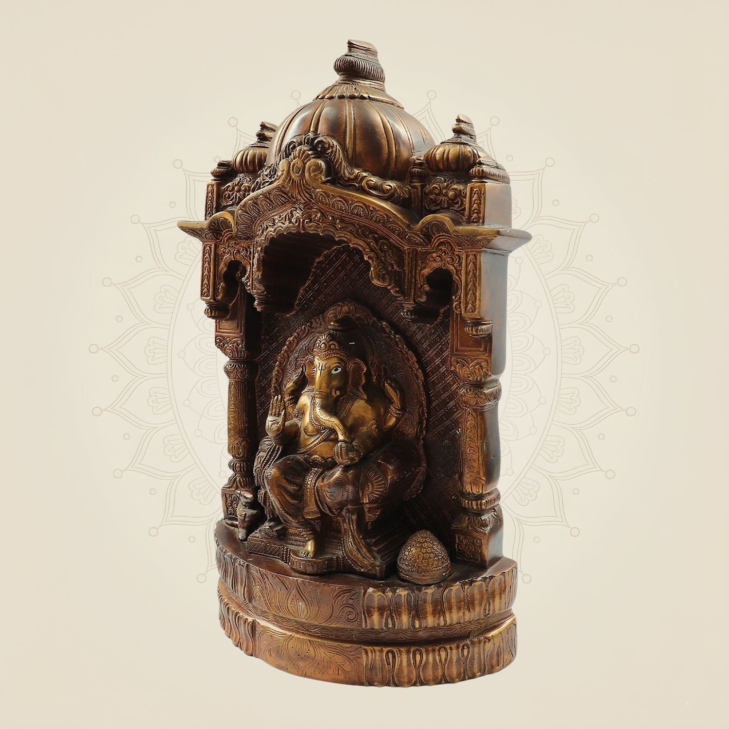 16.5" Seated Brass Ganesh Idol Big Size in Carved Mandap Design | Divine Home Decor