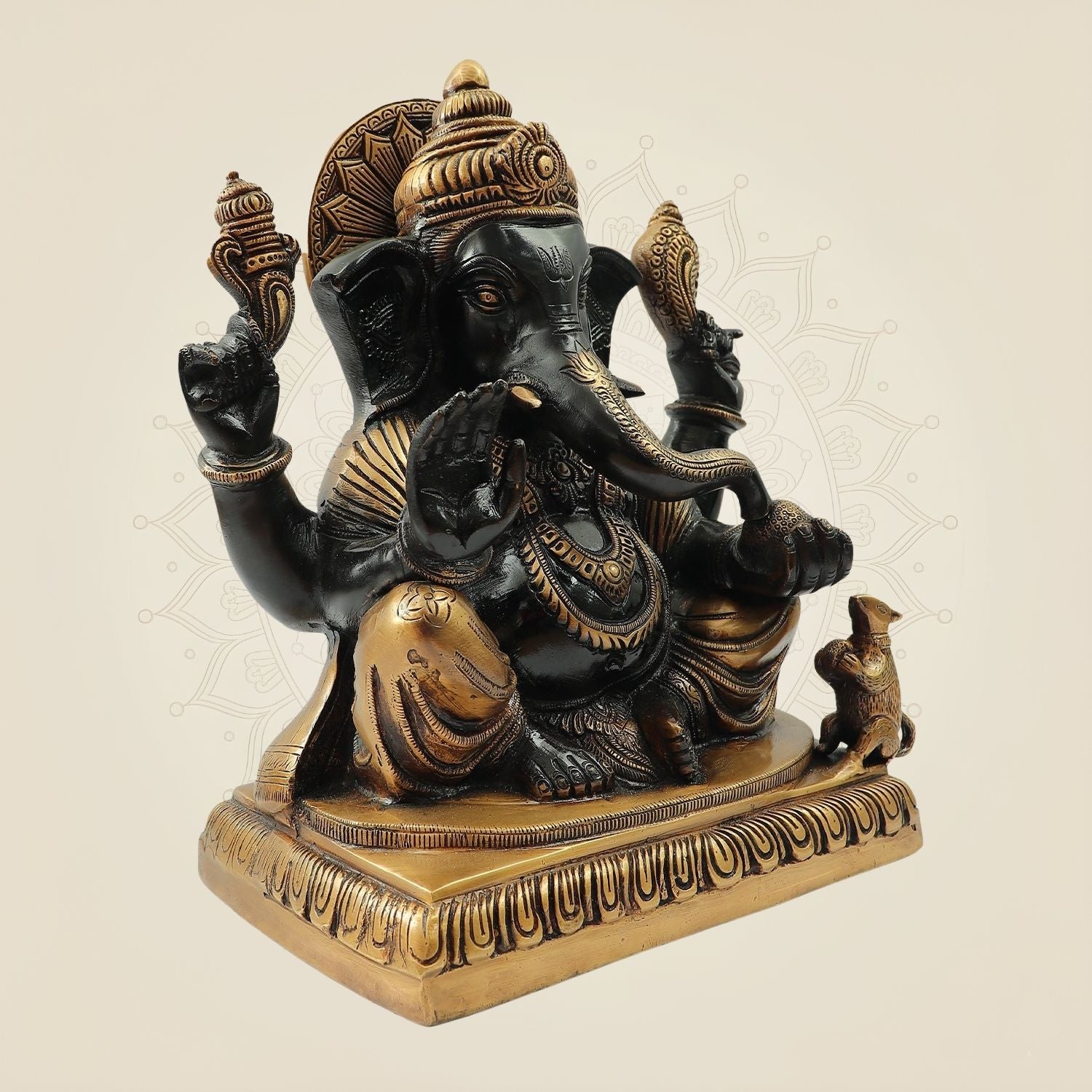 Blessing Surya Ganesh Brass Statue 11" – Black & Gold Handmade Pital Idol