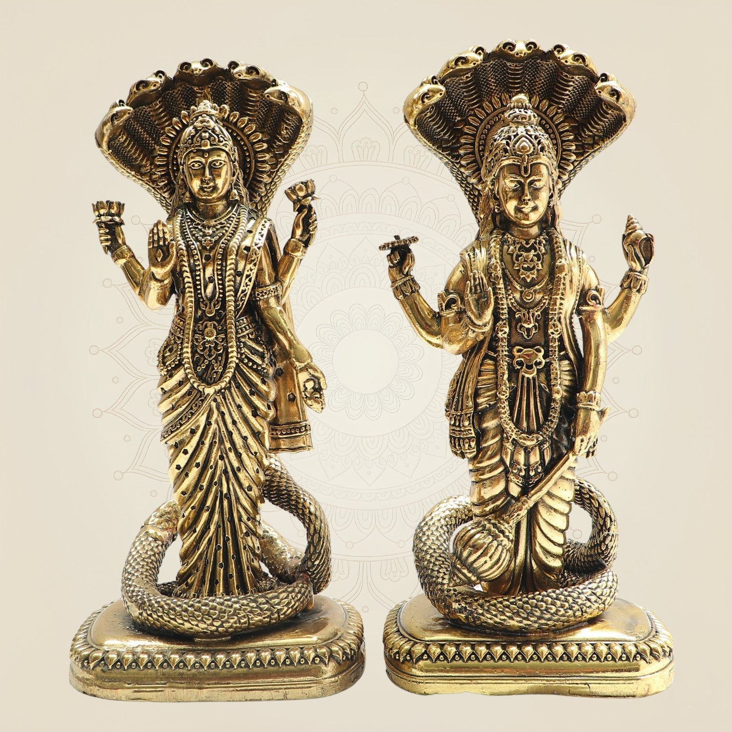 8.5" Brass Lakshmi Vishnu Idol beneath Sheshnag Serpent Hood