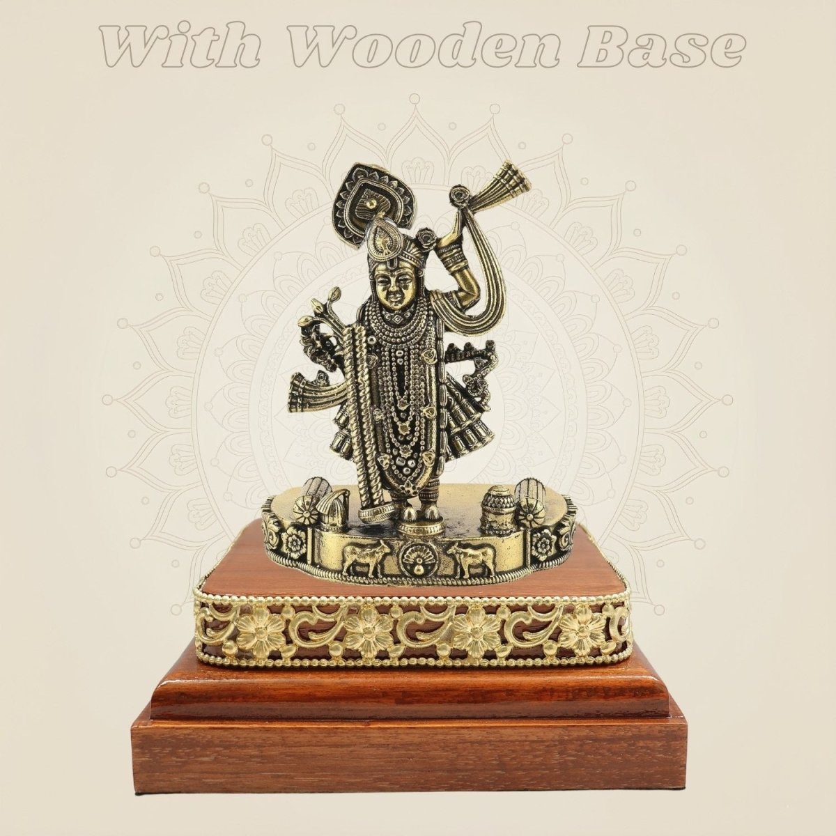 4.25 Inch Brass ShreenathJi Idol on Square Wooden Base for Home Temple - Luxeartisanship