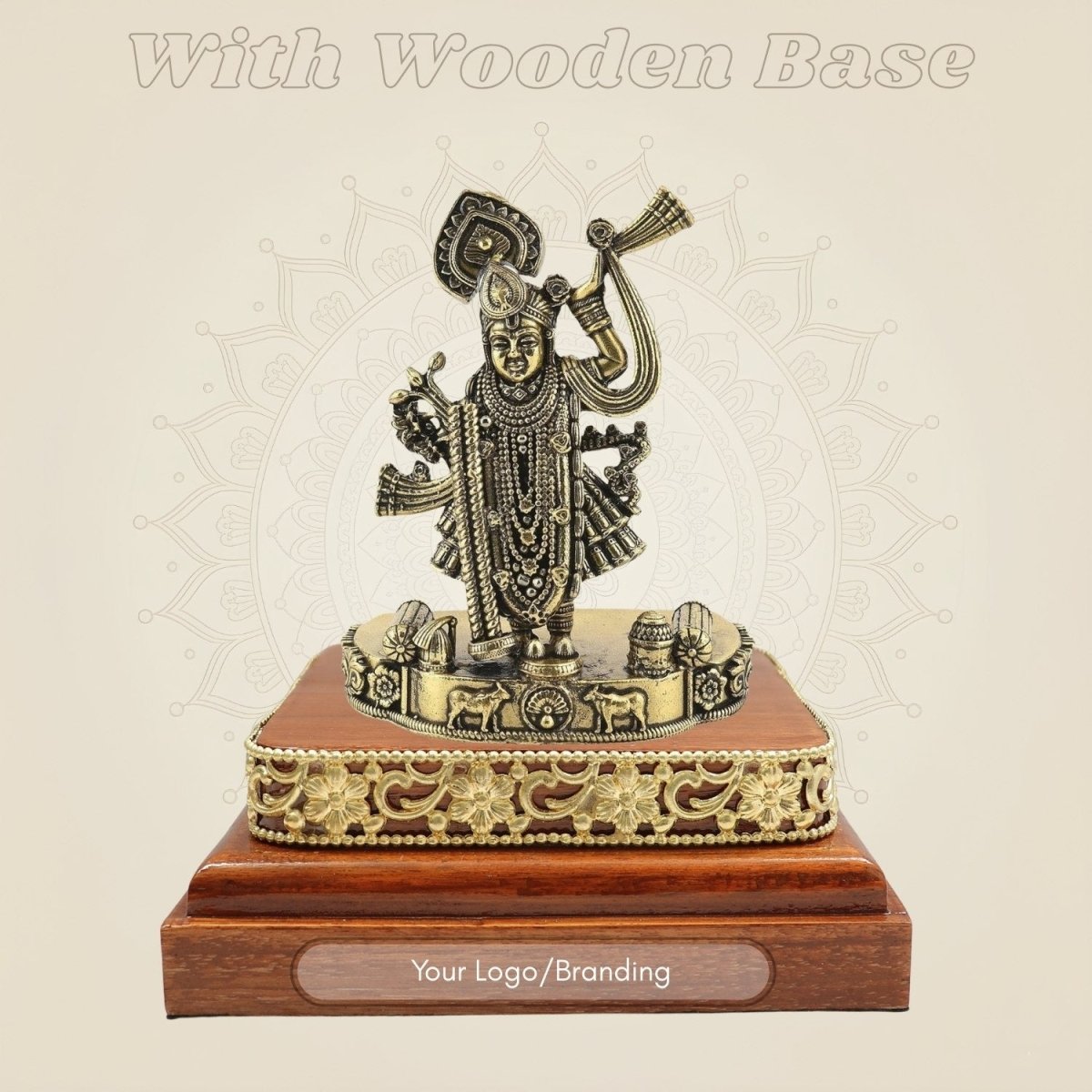4.25 Inch Brass ShreenathJi Idol on Square Wooden Base for Home Temple - Luxeartisanship