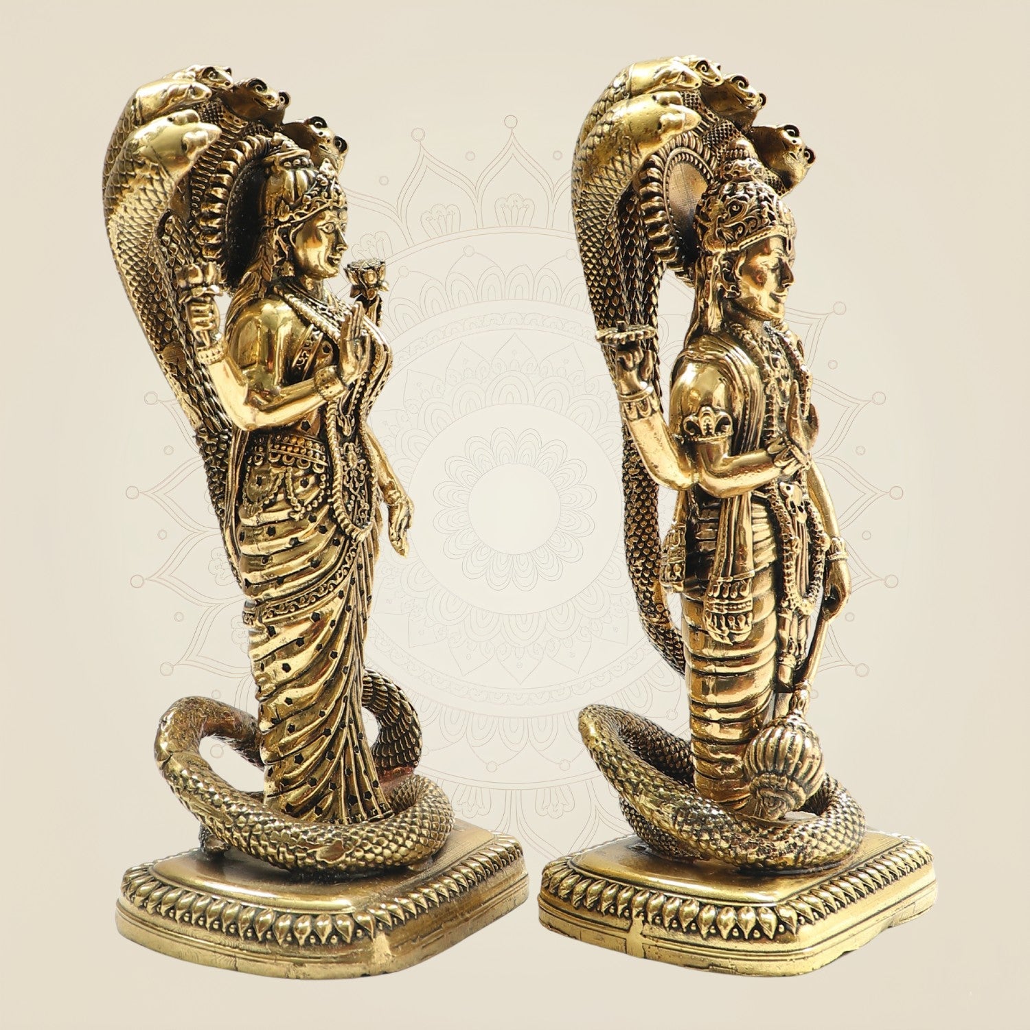 8.5" Brass Lakshmi Vishnu Idol beneath Sheshnag Serpent Hood