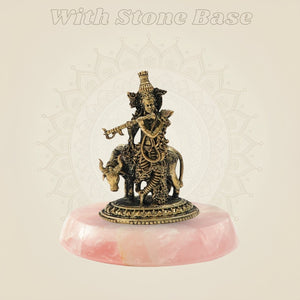 Bronze Krishna Idol Playing Flute with Cow with stone base