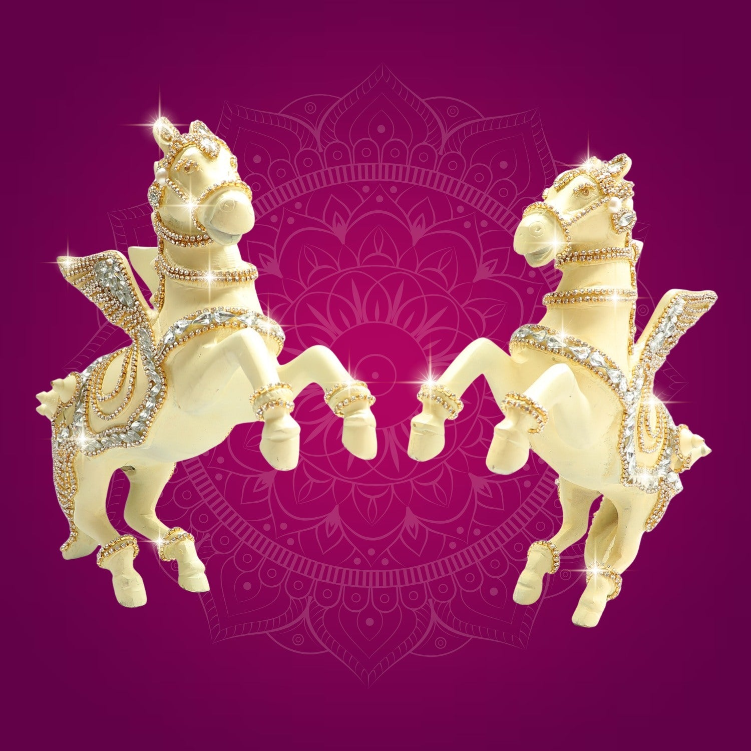 Brass Pegasus Flying Horse Figurine Set Adorned with Rhinestones
