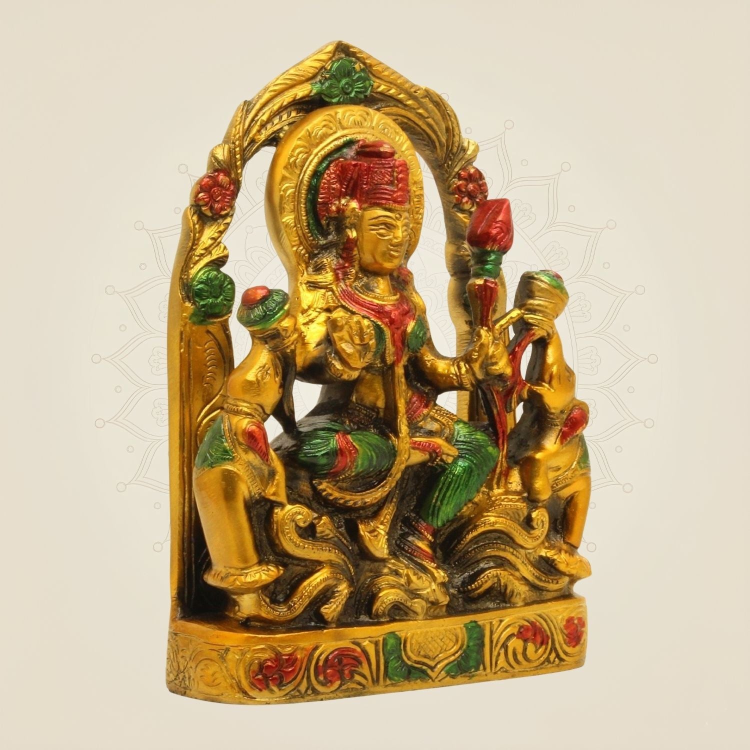 Brass Goddess Lakshmi Idol 8"– Hand-Painted Statue with Elephants
