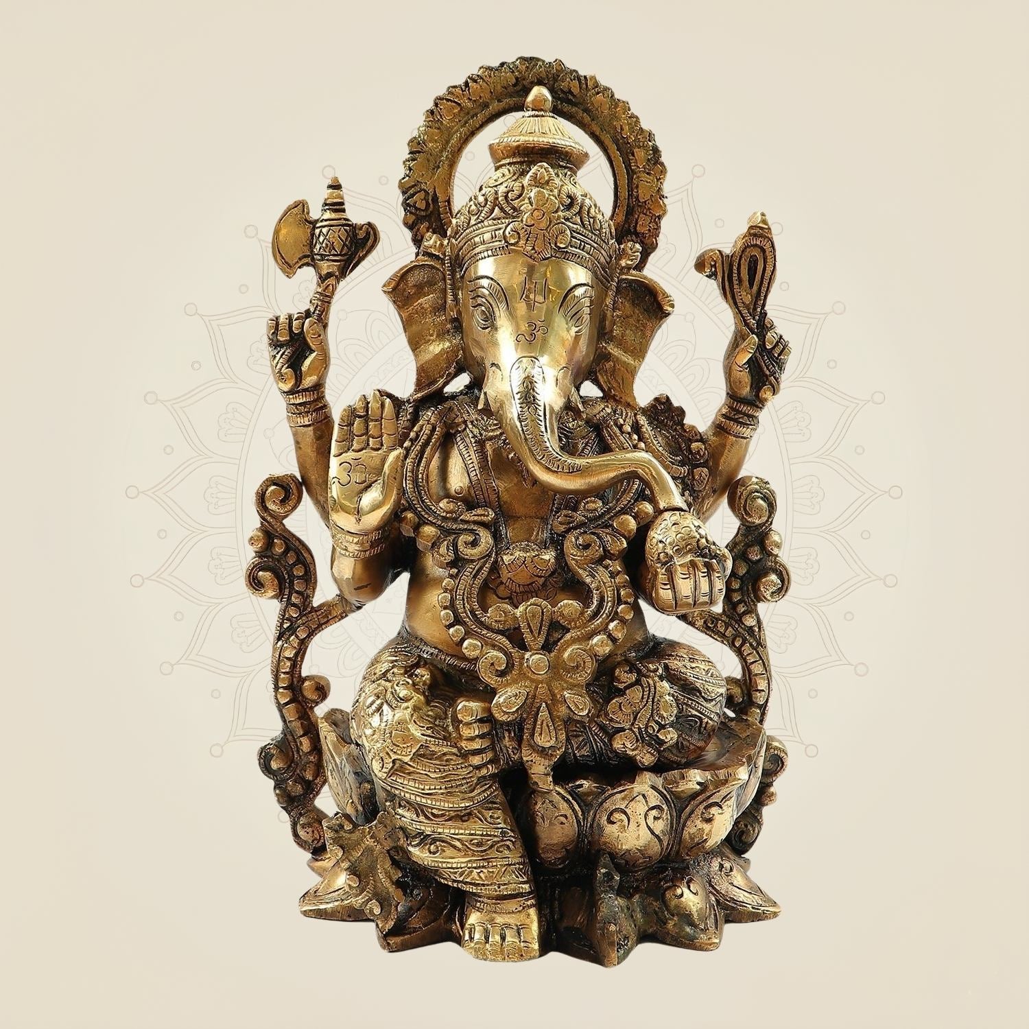 Lord Ganesh on Lotus Brass Idol – Heavy Handcrafted Ganpati Murti - 12.25"