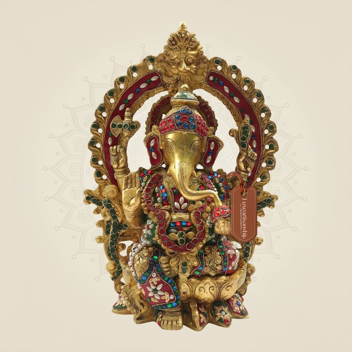 Ganesh Brass Murti 15" - Decorative Idol with Pearl & Colorful Stone Inlay Work