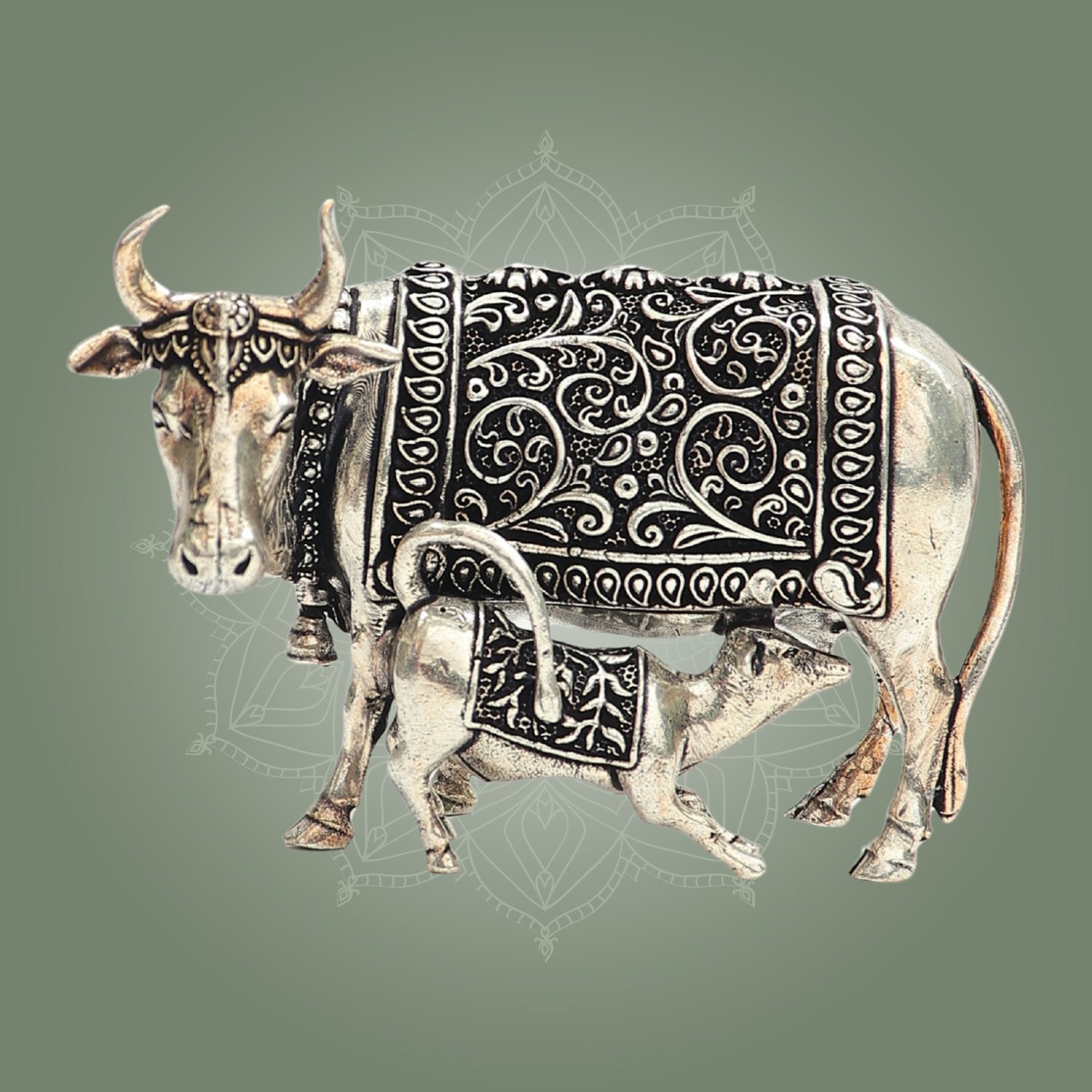 Silver Kamdhenu Cow with Calf Idol