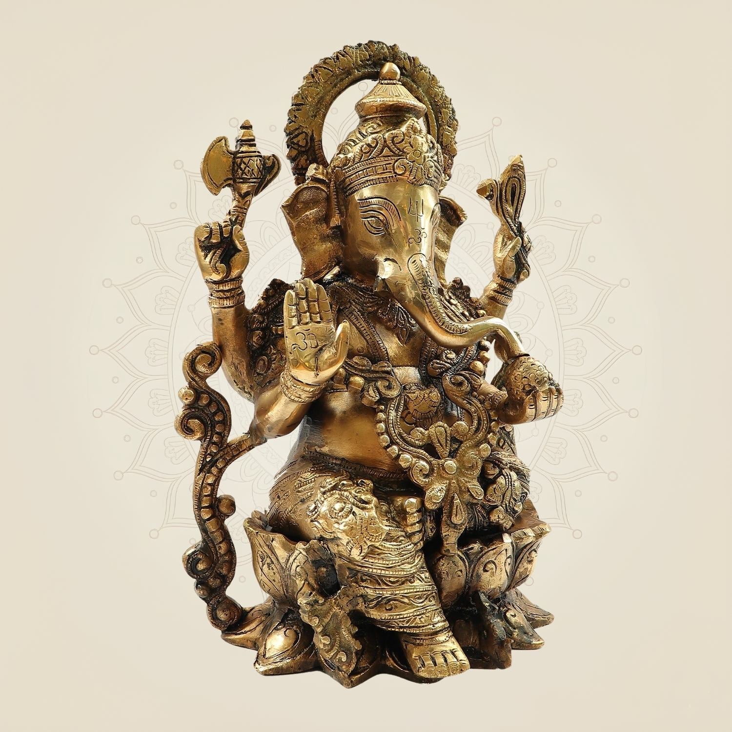 Lord Ganesh on Lotus Brass Idol – Heavy Handcrafted Ganpati Murti - 12.25"