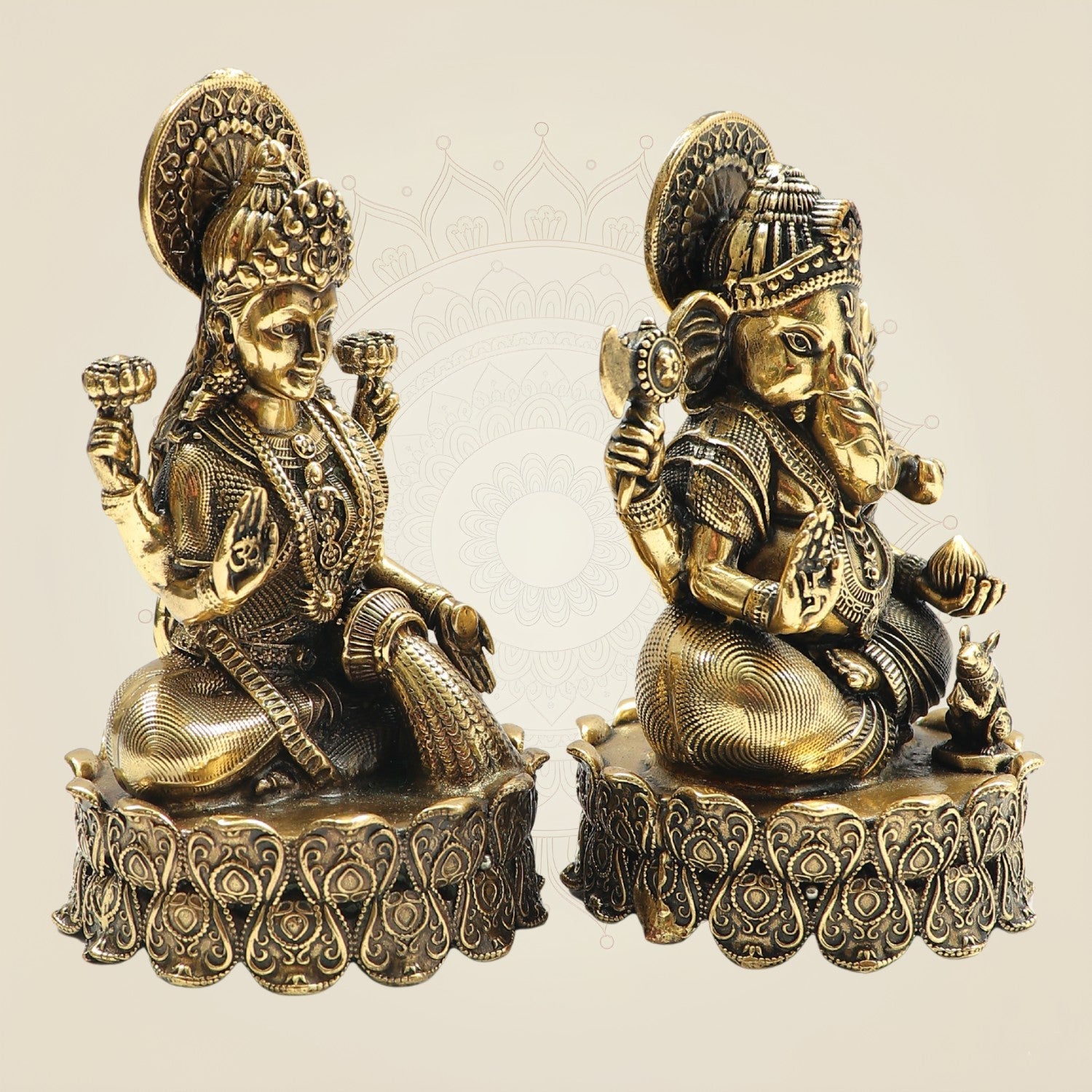 Brass Lakshmi Ganesh Idol Set 4.25" with Lotus Base