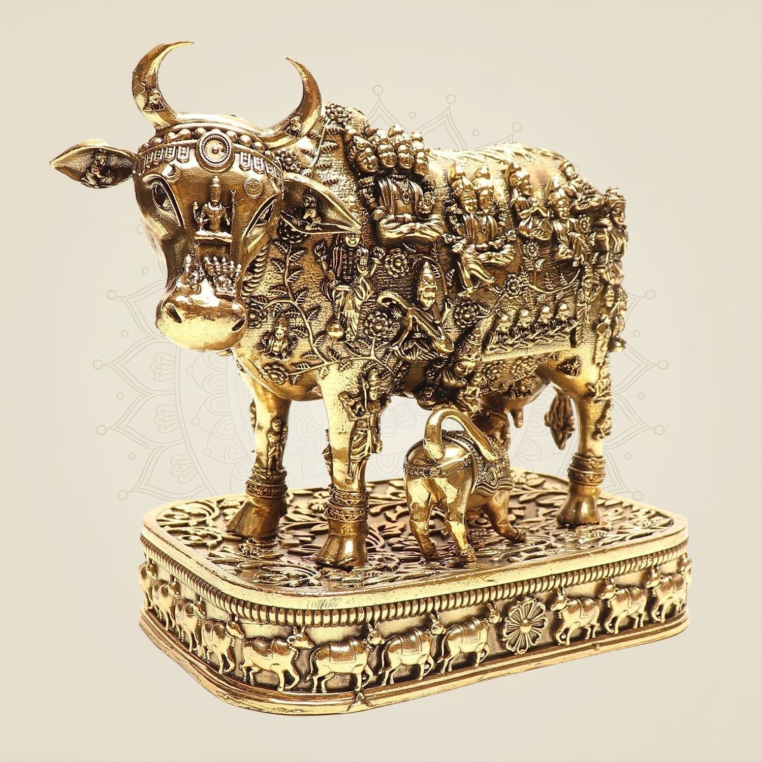 Divine Brass Kamdhenu Cow with Calf Statue 4" | Sacred Hindu Vedic Idol for Home & Temple