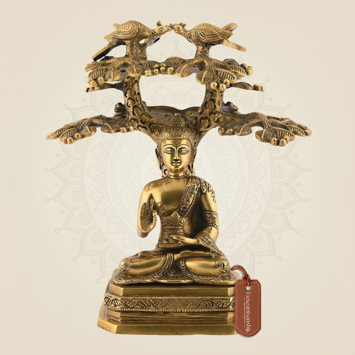 12" Brass Lord Buddha • Seated Under Bodhi Tree • Meditation Decor Idol