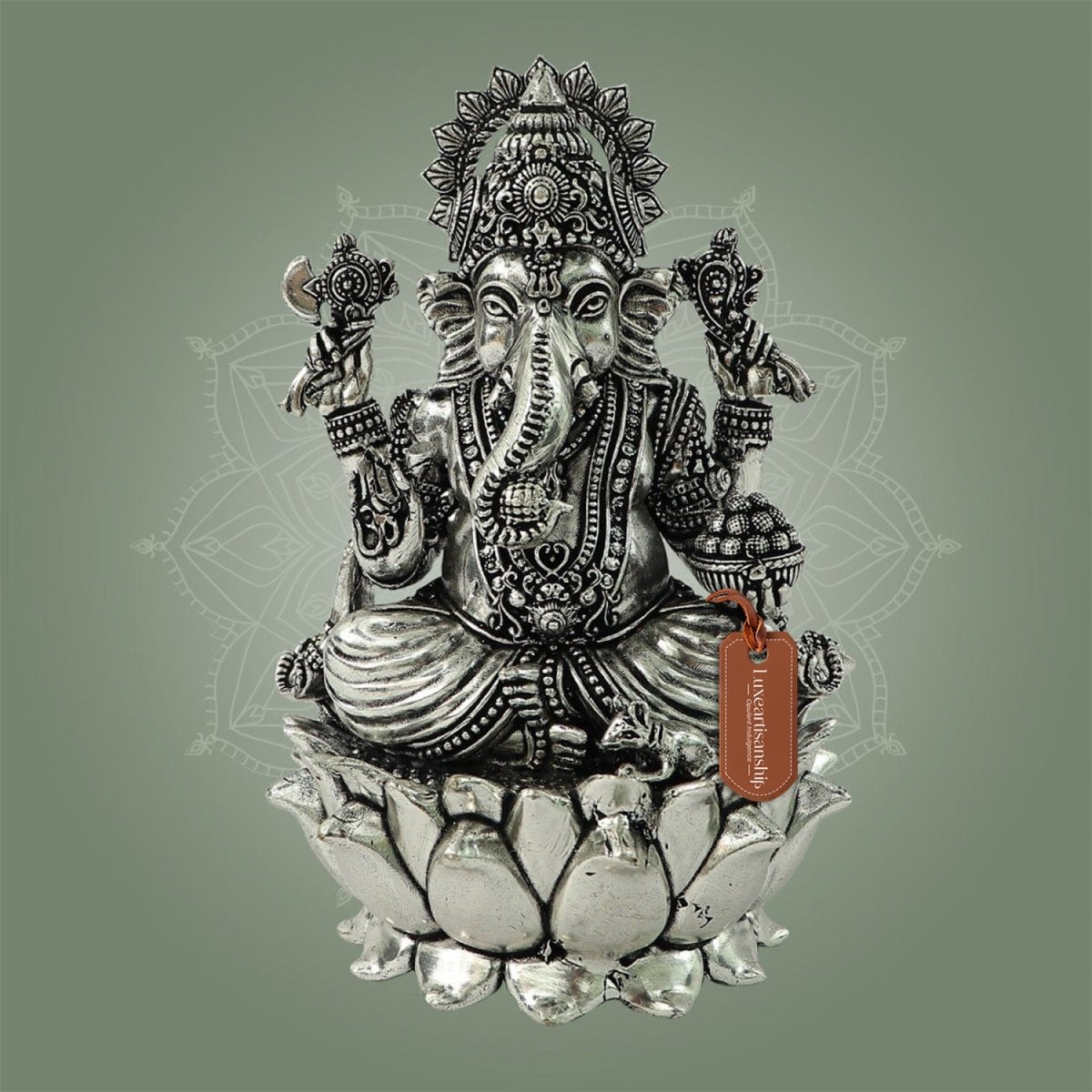 5" Silver-Plated Brass Chaturbhuja Ganesha Statue Seated on Lotus