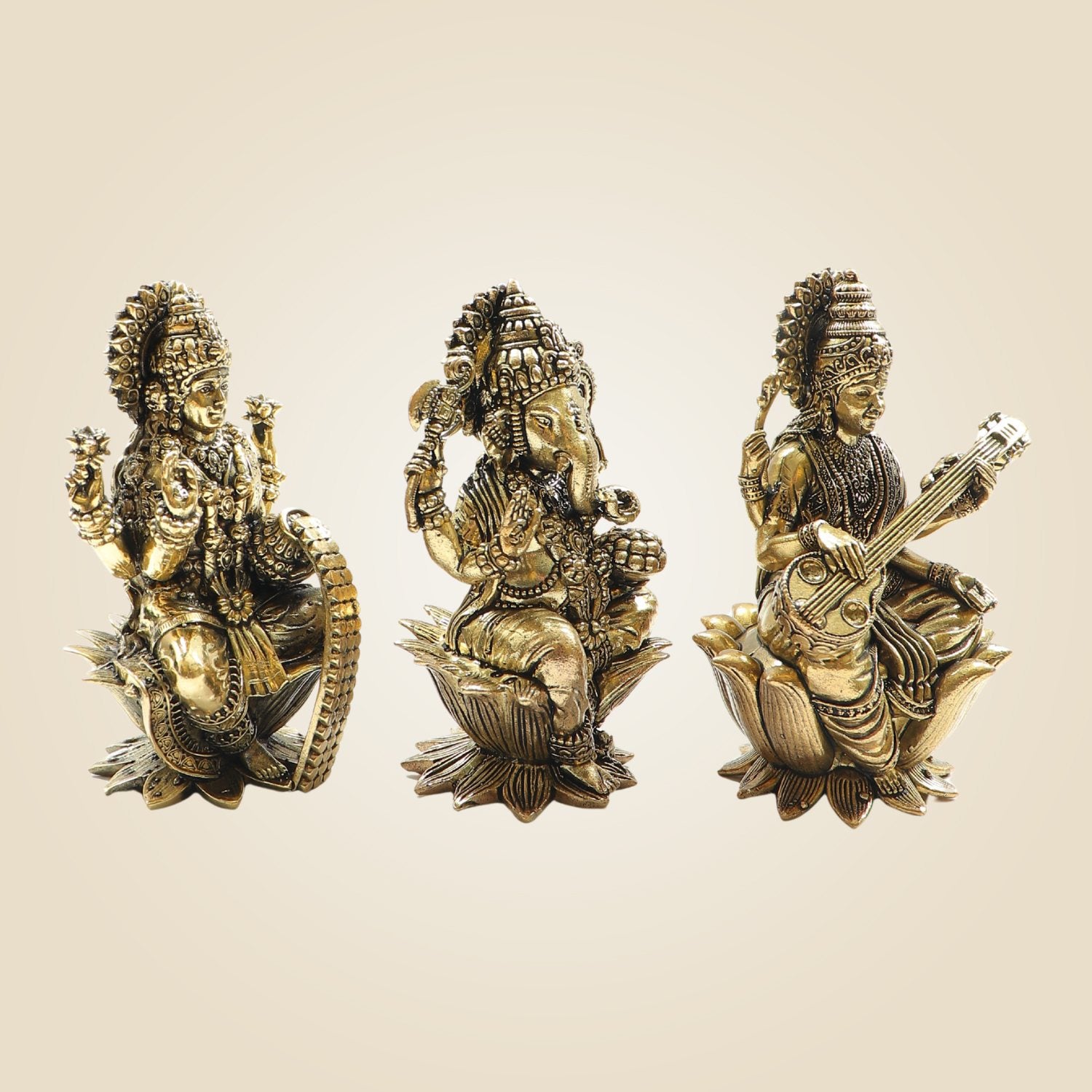 Brass Lakshmi Ganesh Saraswati Idol Set – Perfect Murti 4" for Diwali Pooja & Gifting