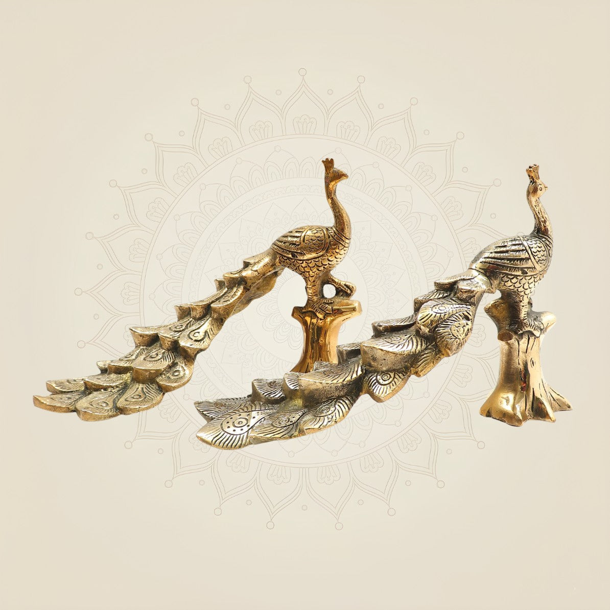 Brass Peacock Bird Sculpture with Textured Tree Trunk Base