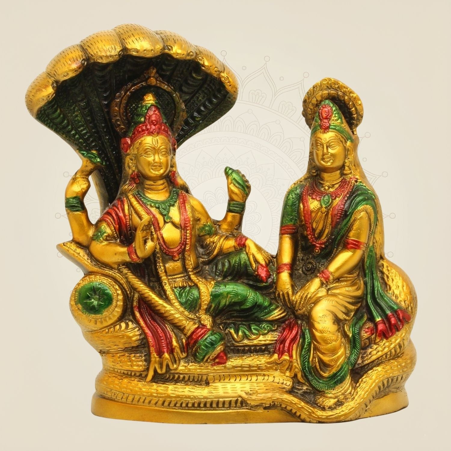Laxmi Narayan Brass Idol 8.5"– Hand-Painted Sheshnag Murti for Mandir