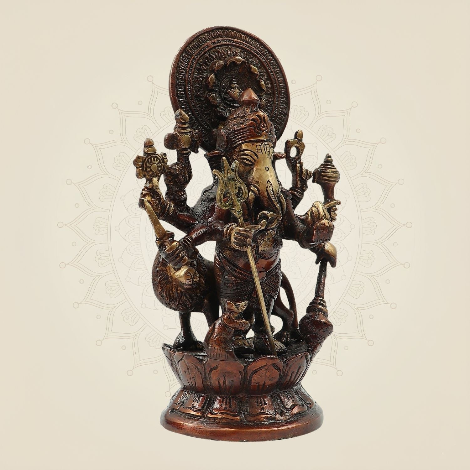 Brass Astha Bhuja Ganesha Idol - 8-Armed Ganesh Statue 9 Inch for Vastu & Home Temple Decor"
