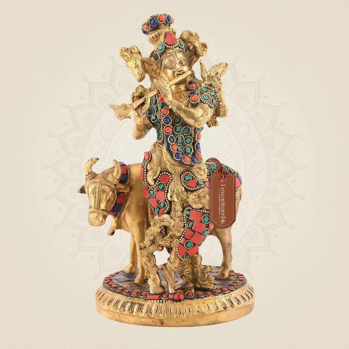 Brass Krishna with Cow Idol - Multicolor Gemstone Work - Handcrafted Murti 10"