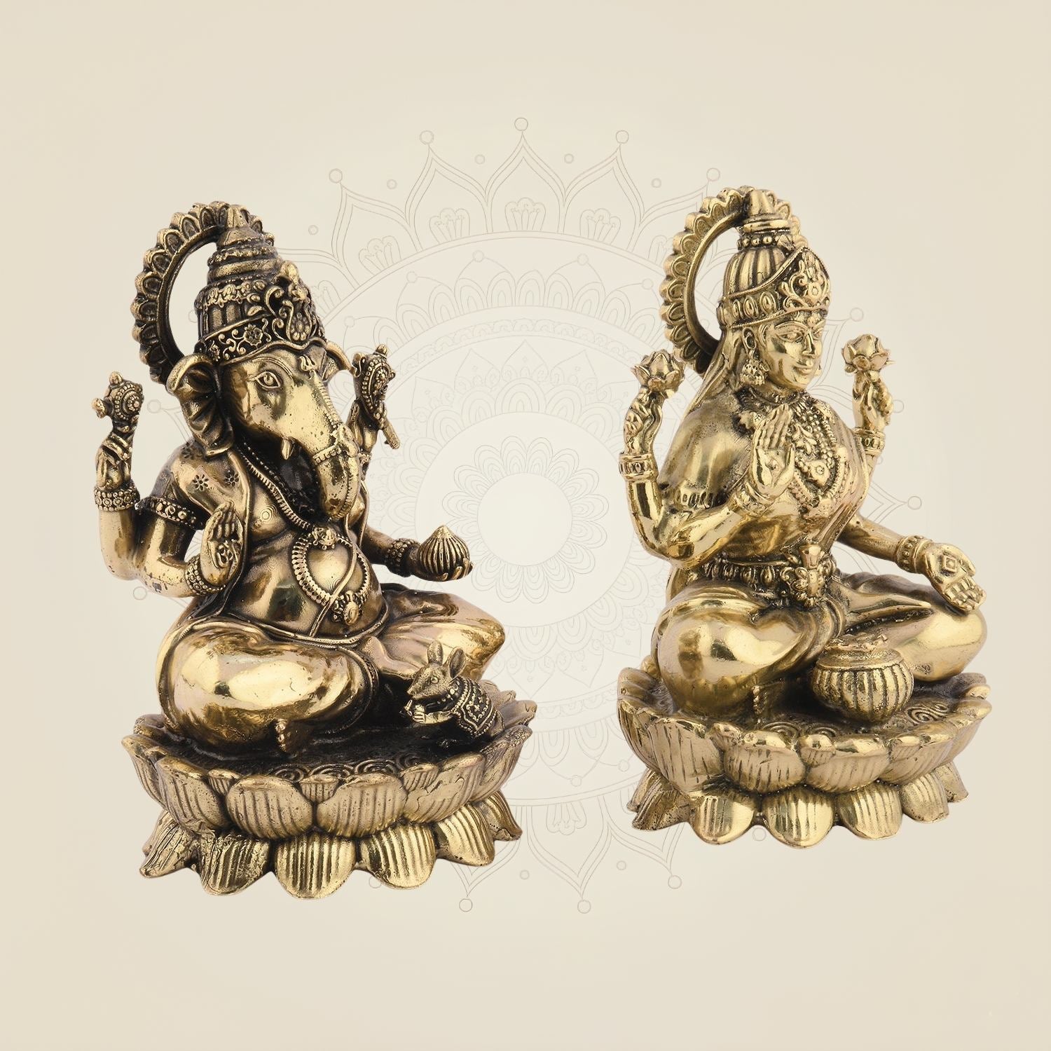 Brass Laxmi Ganesh Idol Pair – Small Lotus Base Murti 3" for Diwali Puja
