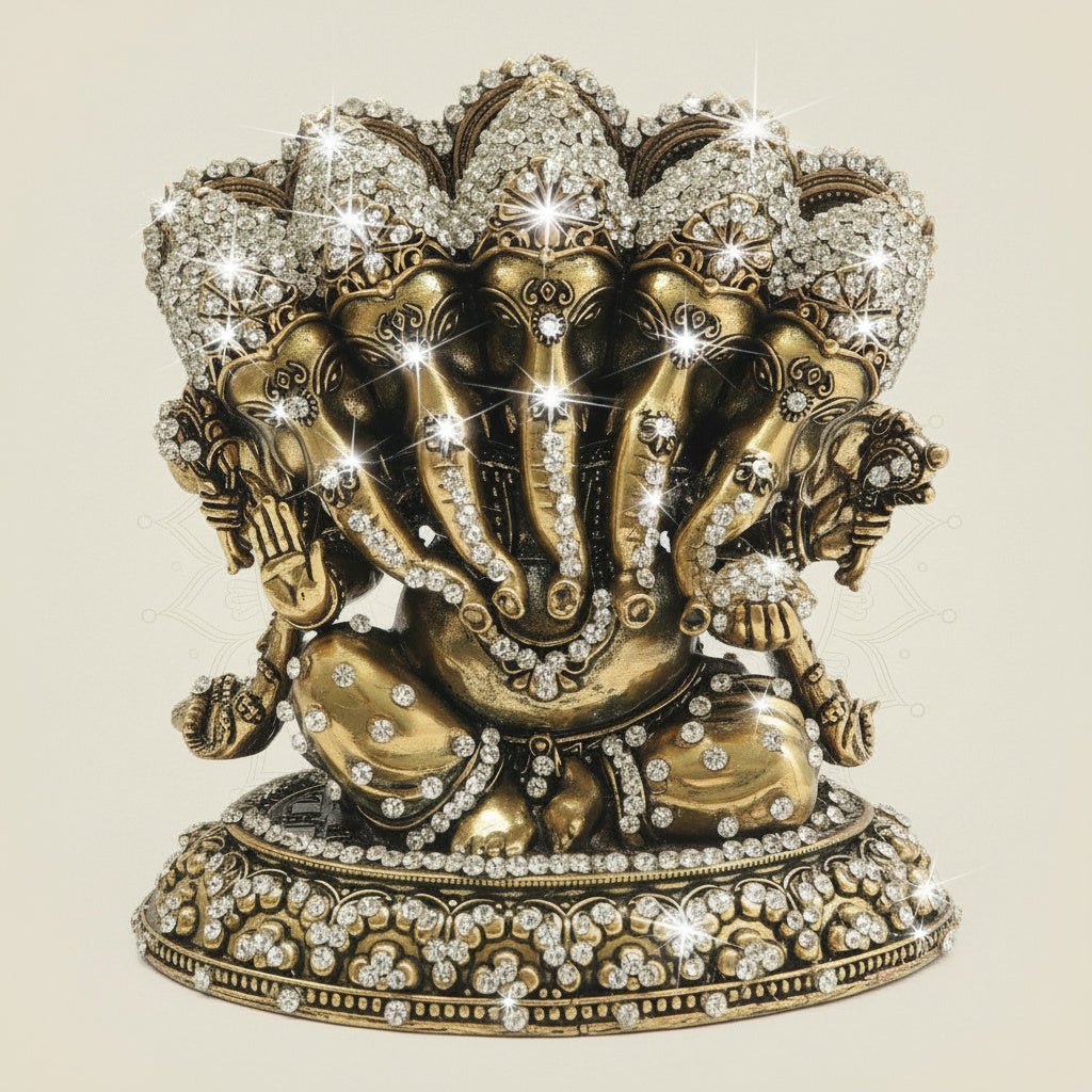 5.5" Panchmukhi Ganesha Brass Murti with Sheshnag Jewellery Stone Work - Luxeartisanship