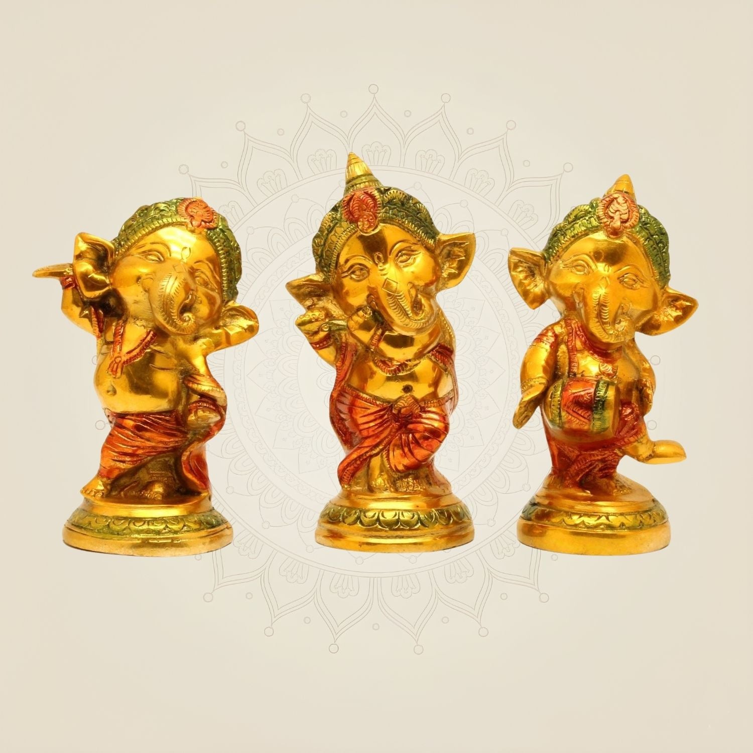 Musical Baby Ganesha Brass Idols 5.5" Each– Hand-Painted Set of 3 for Home & Gifts