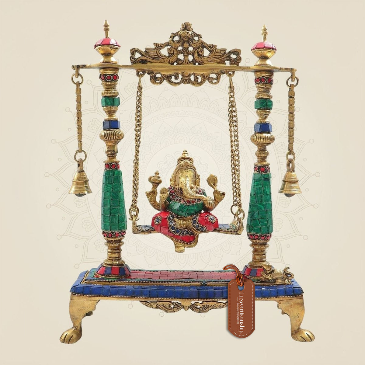 Brass Ganesh Ji Idol on Swing with Stone Work 16" | Traditional Ganesha Jhoola Statue for Pooja Decor