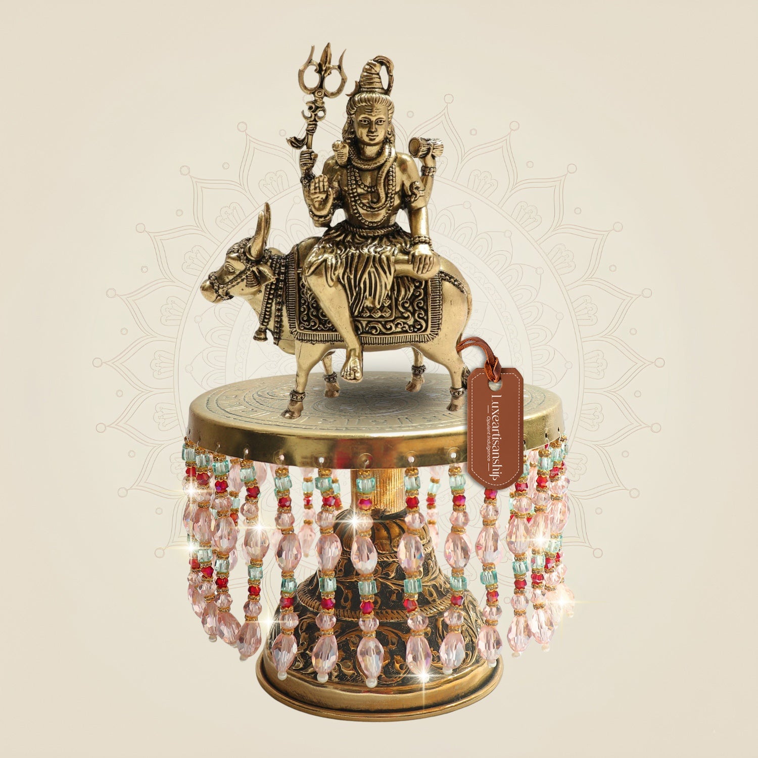 Brass Shiva Idol Seated on Nandi on Chowki for Devotional Worship 10.5"