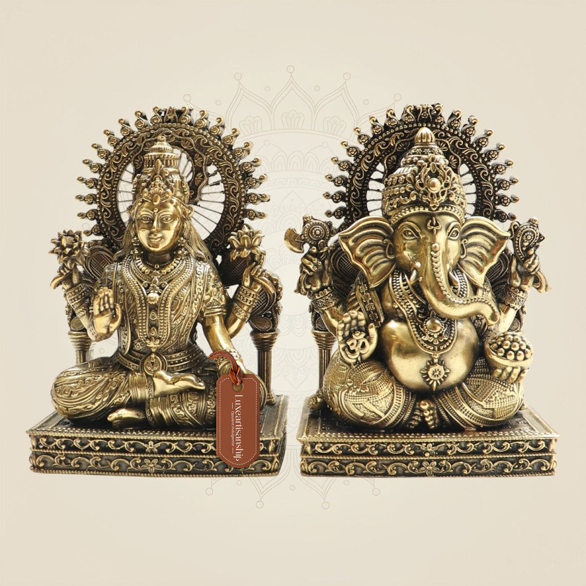 5" Brass Ganesh Lakshmi Murti with Ornamental Temple Arch