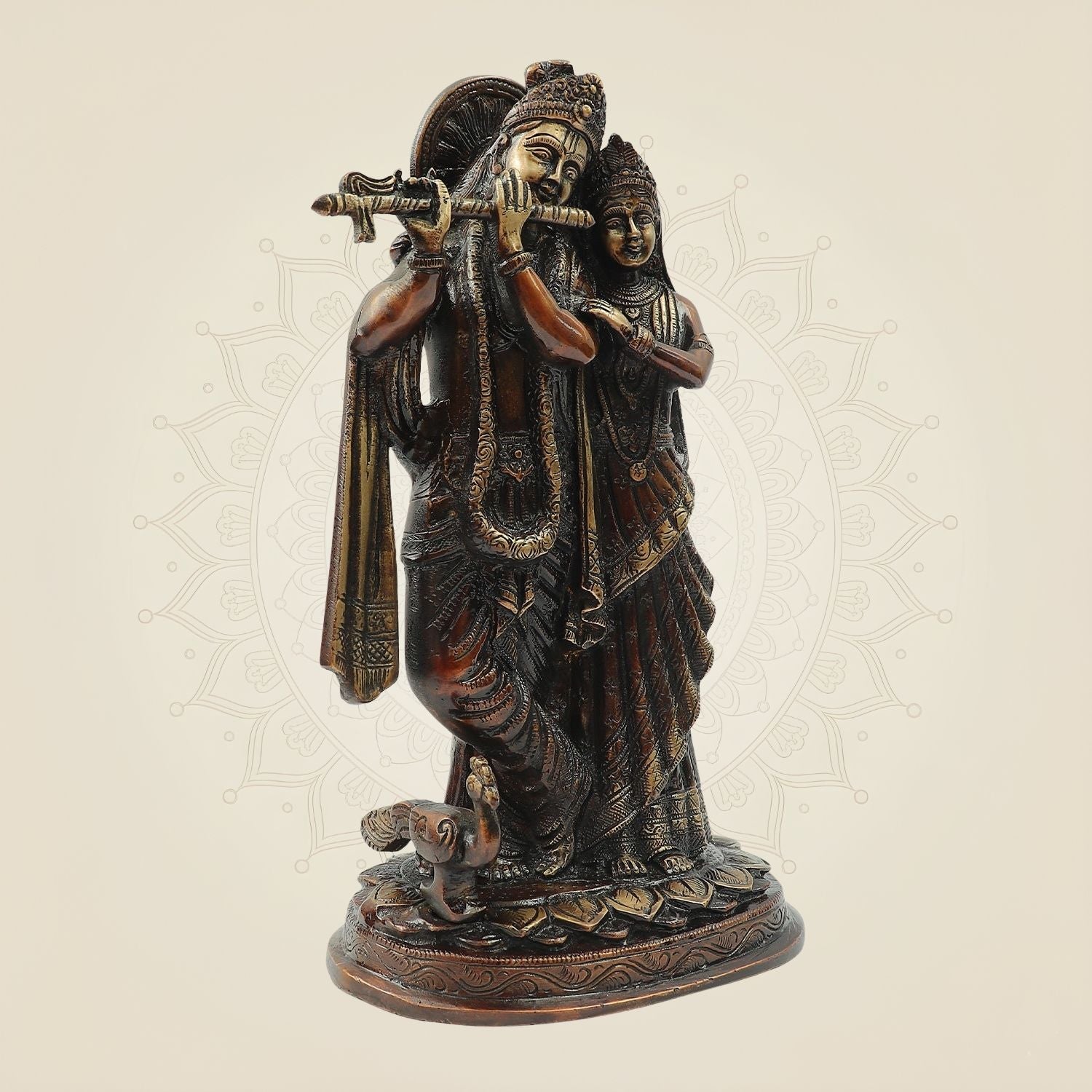 Colore Brass Radha Krishna Statue | Flute Playing Idol for Temple & Home Decor 11.75"