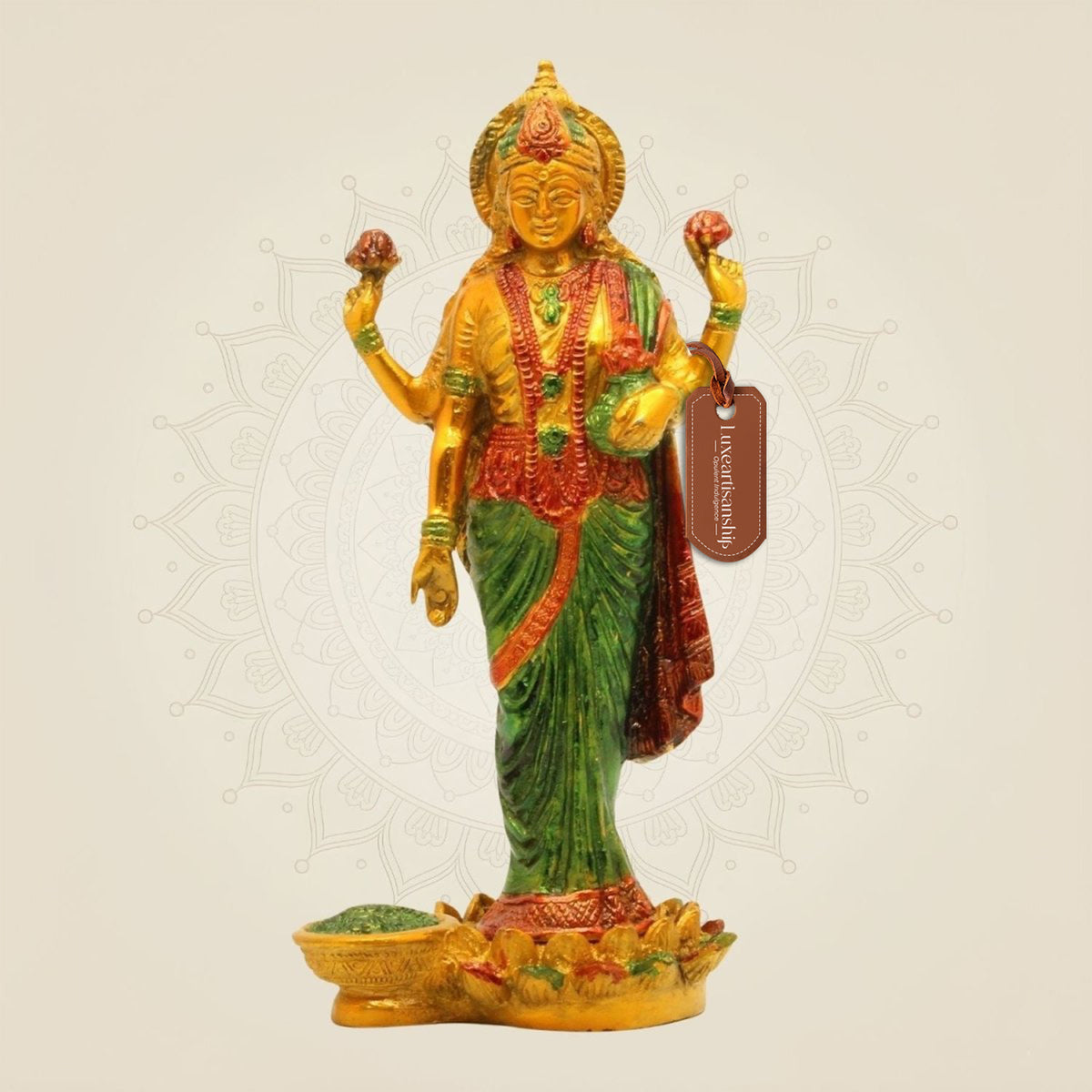 Standing Lakshmi Brass Idol 10" – Hand-Painted Hindu Goddess Prosperity Statue