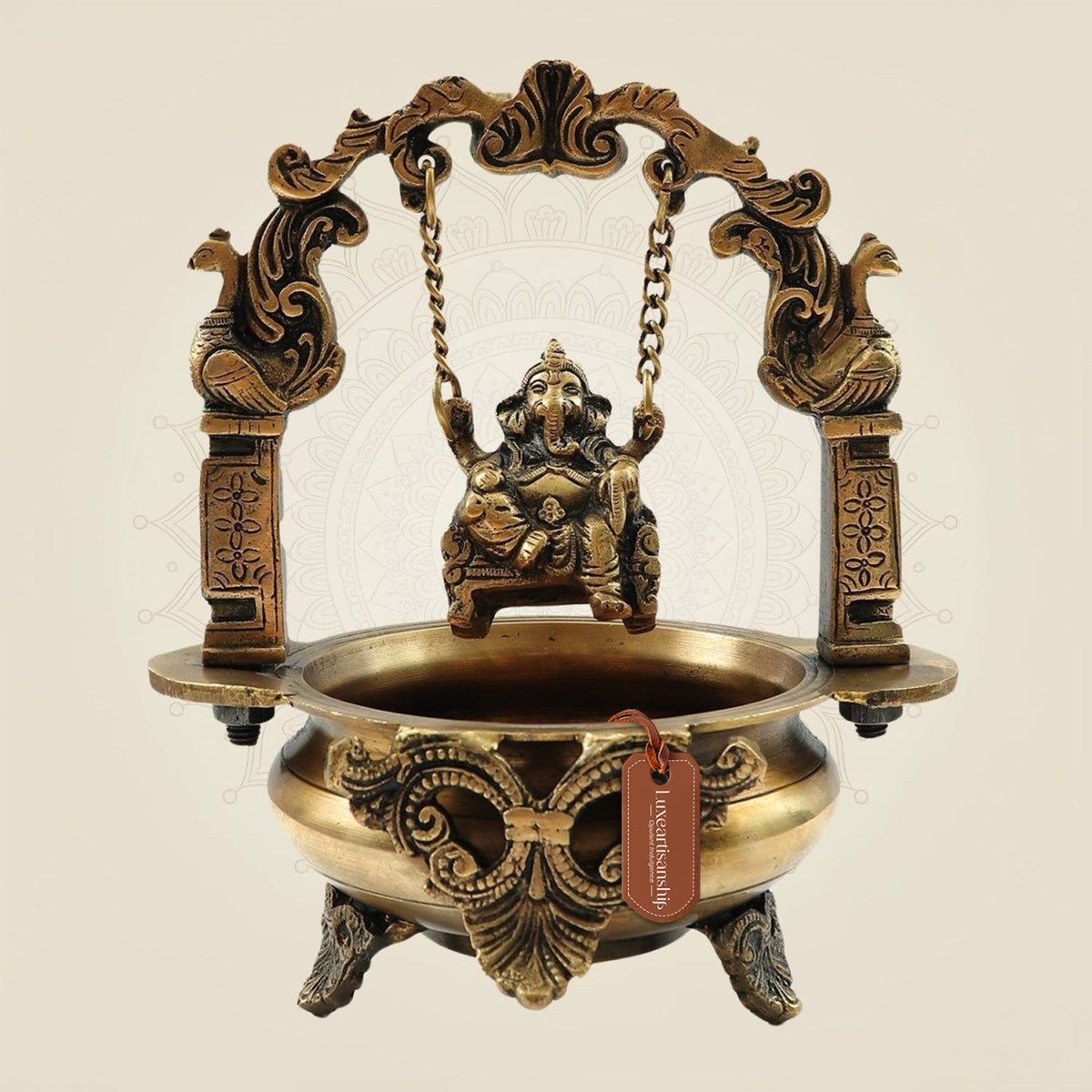 Elegant Brass Ganesh Idol on Jula Swing with Urli for Home & Gift Decor - 9.25"