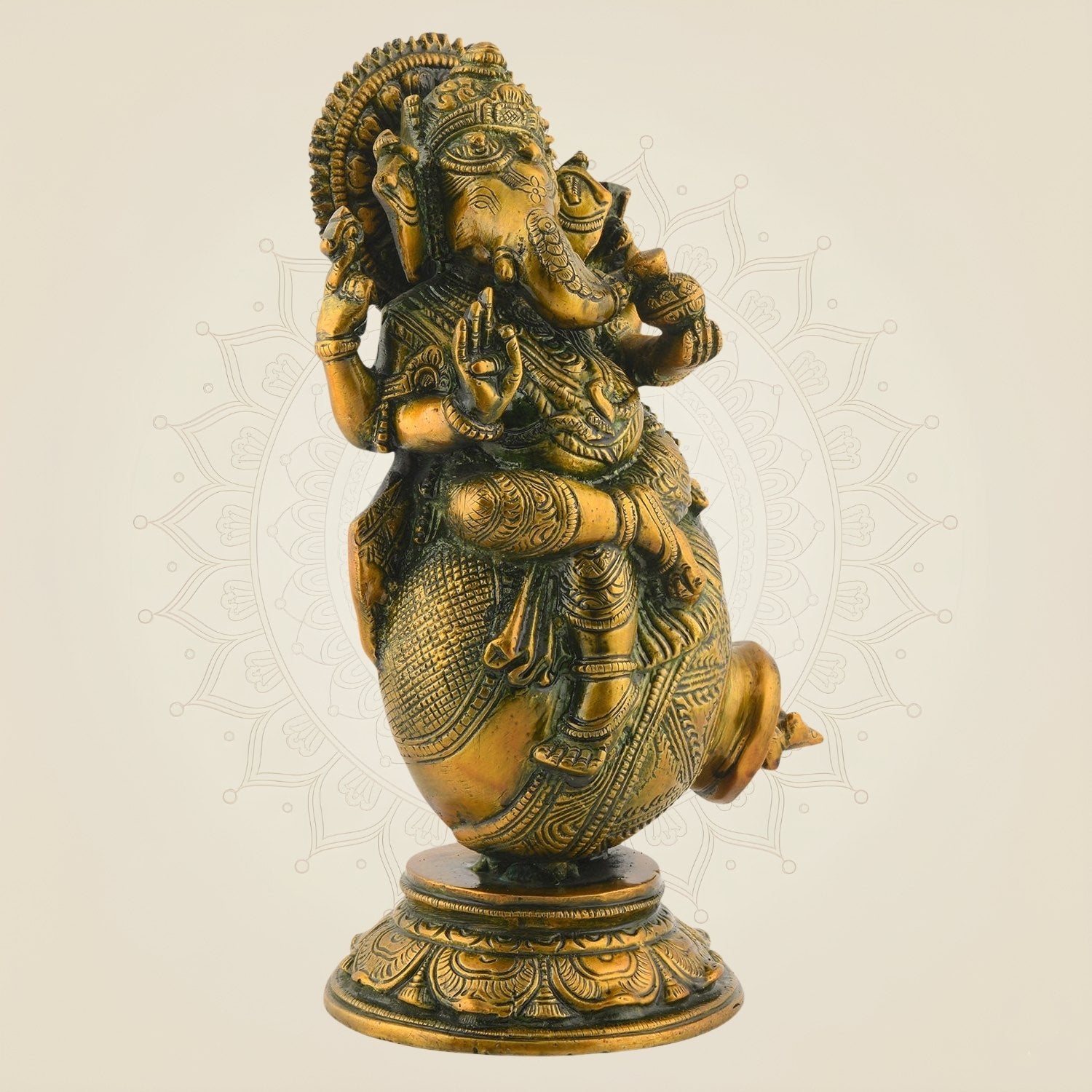 Ganesha with Mouse in Pot – 9.5" Handcrafted Pure Brass Idol for Home & Gift