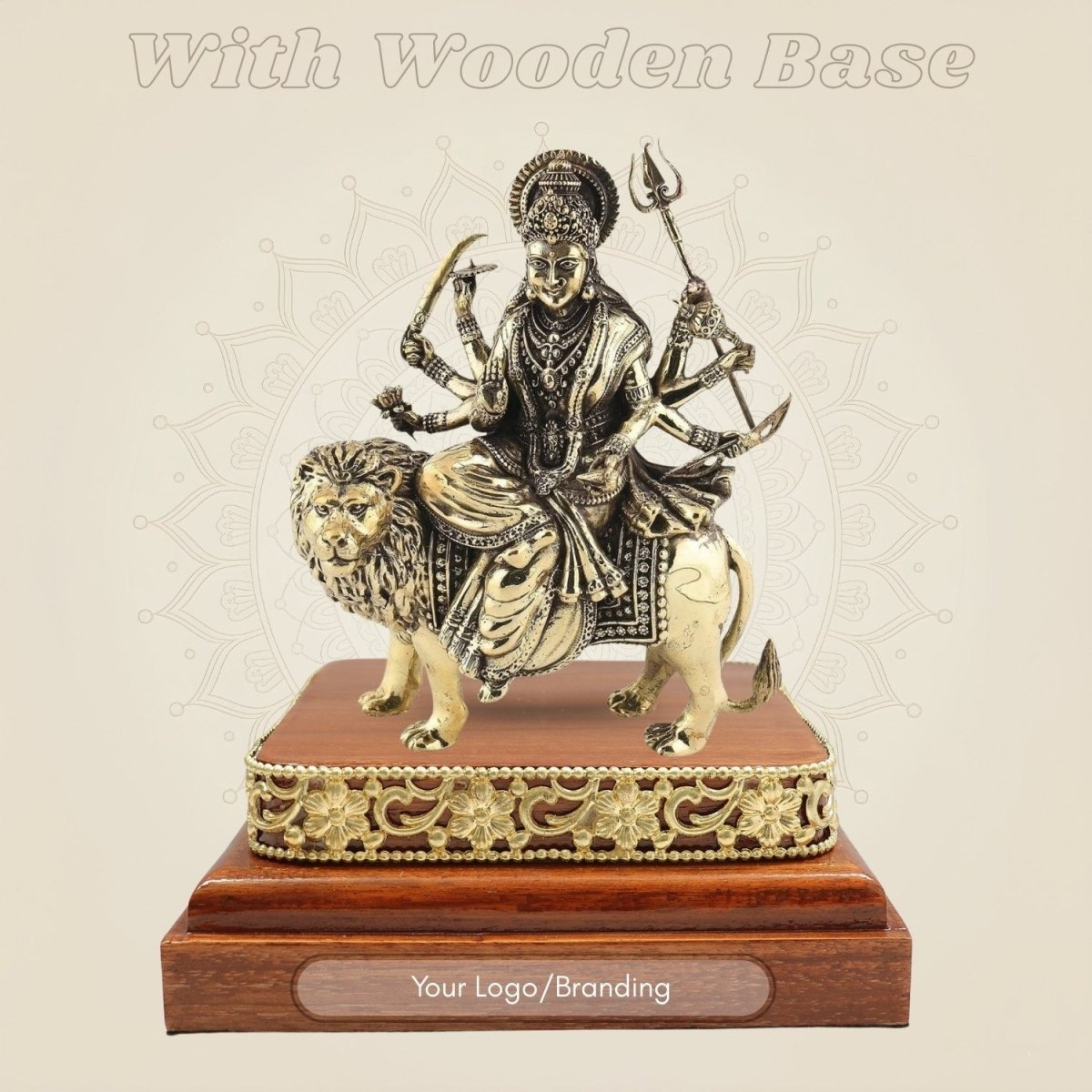 6" Brass Durga Idol Seated on Lion Based on Square Wooden Platform - Luxeartisanship