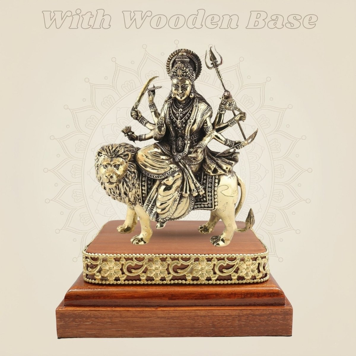 6" Brass Durga Idol Seated on Lion Based on Square Wooden Platform - Luxeartisanship