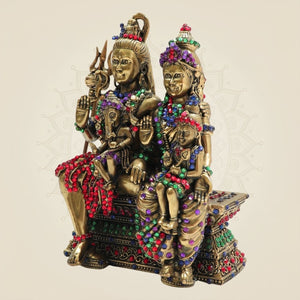 6" Brass Shiva Parivar Idol Featuring Vibrant Multicoloured Stone Work - Luxeartisanship