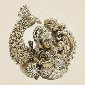 6" Ganesha Brass Statue in Ornate Peacock Farm with Jewellery Stone Work - Luxeartisanship