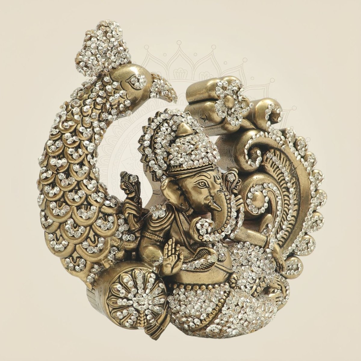6" Ganesha Brass Statue in Ornate Peacock Farm with Jewellery Stone Work - Luxeartisanship