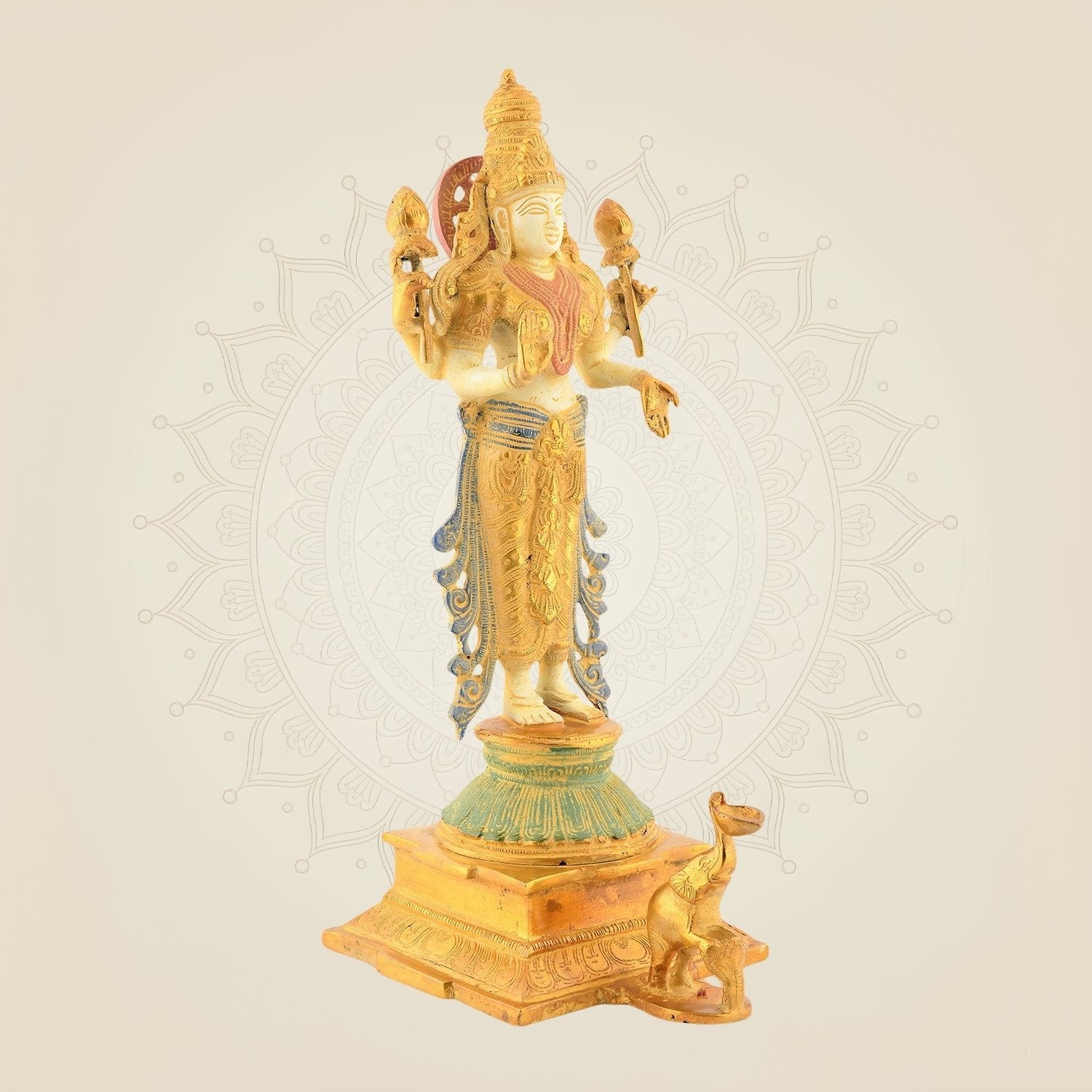 Standing Lakshmi ji Idol – 14.5" Brass Statue | 4-Armed Multicolor Mud Finish Design