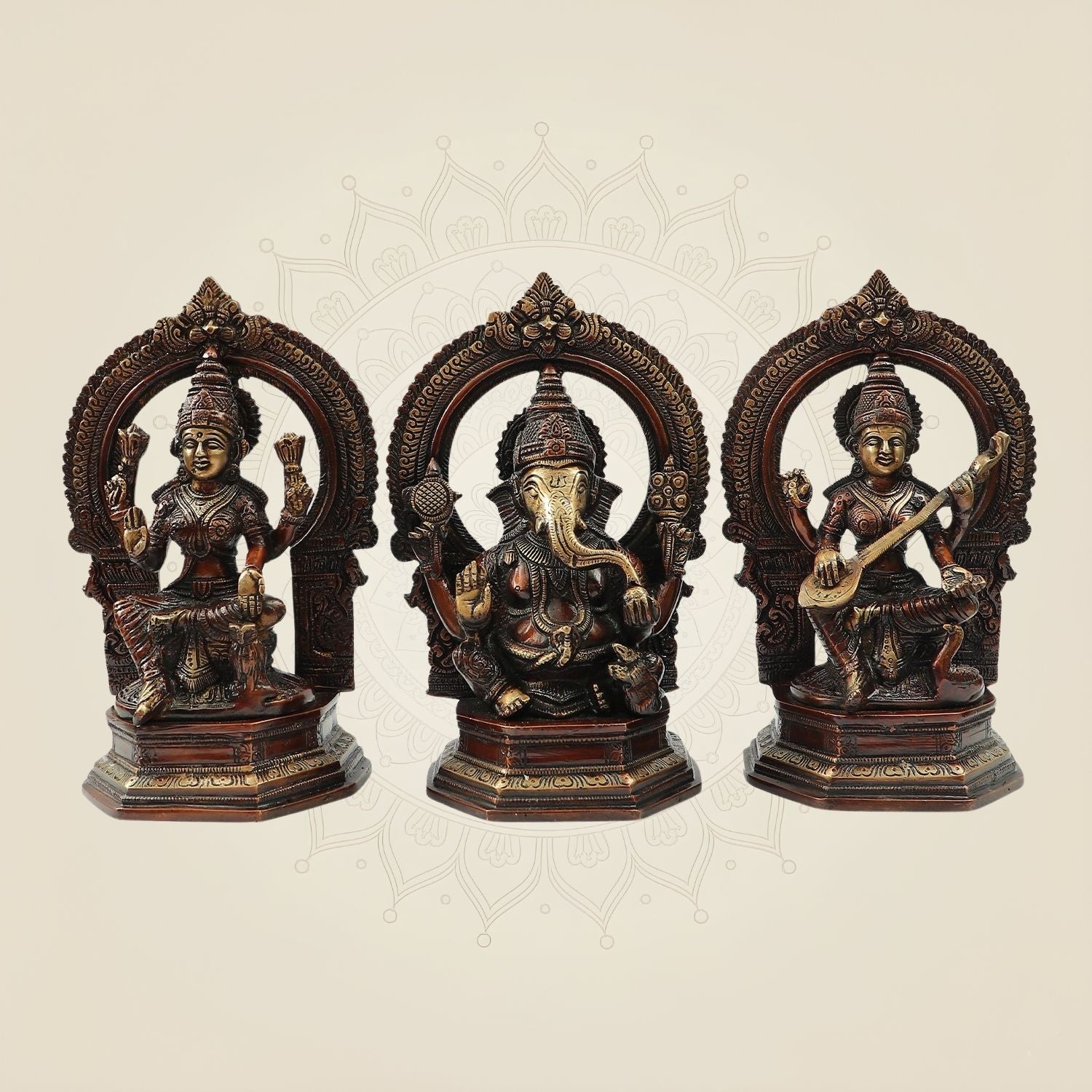 Traditional Brass Lakshmi Ganesh Saraswati Idol Set 9.5" | Decorative Hindu God Statue Trio for Home & Pooja