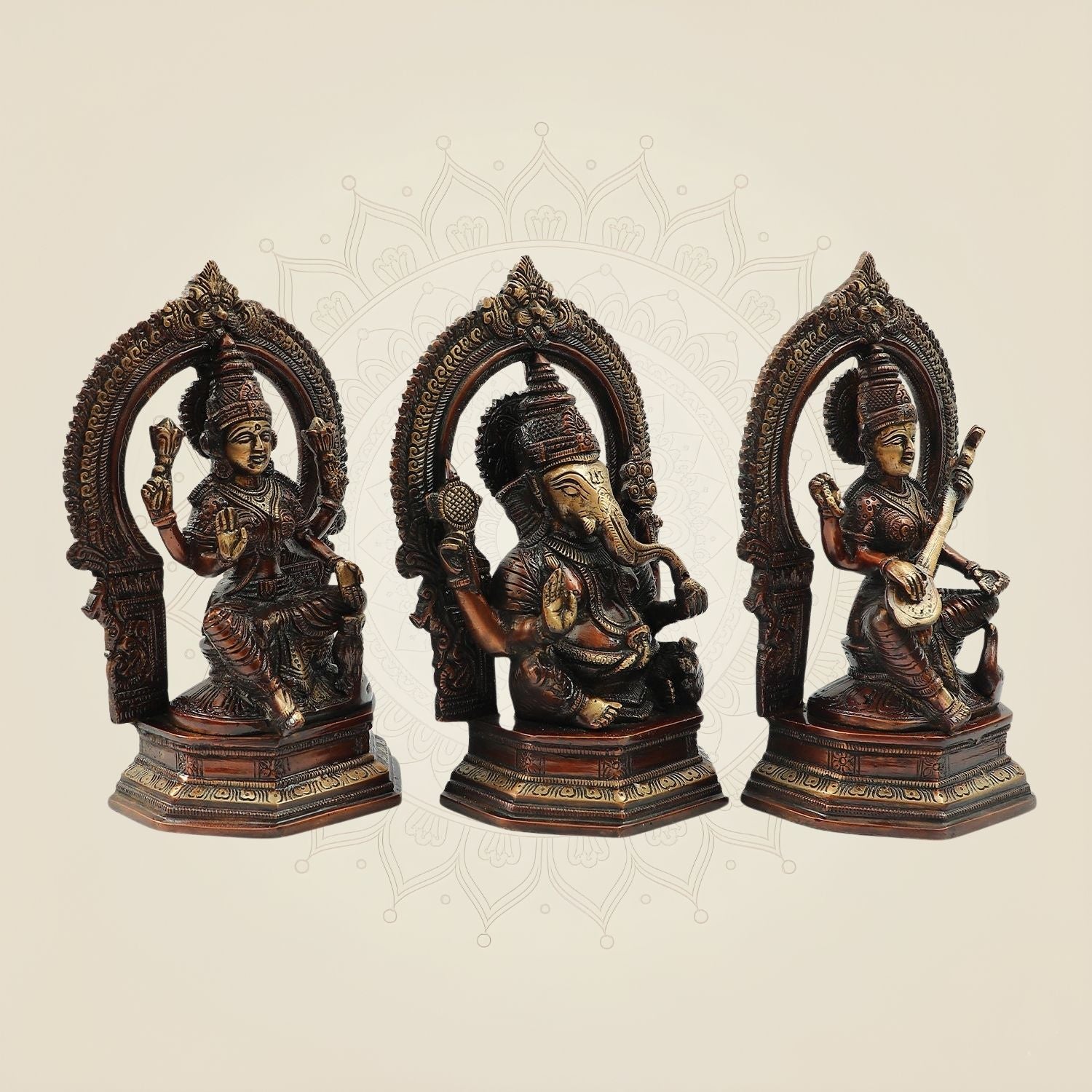 Traditional Brass Lakshmi Ganesh Saraswati Idol Set 9.5" | Decorative Hindu God Statue Trio for Home & Pooja
