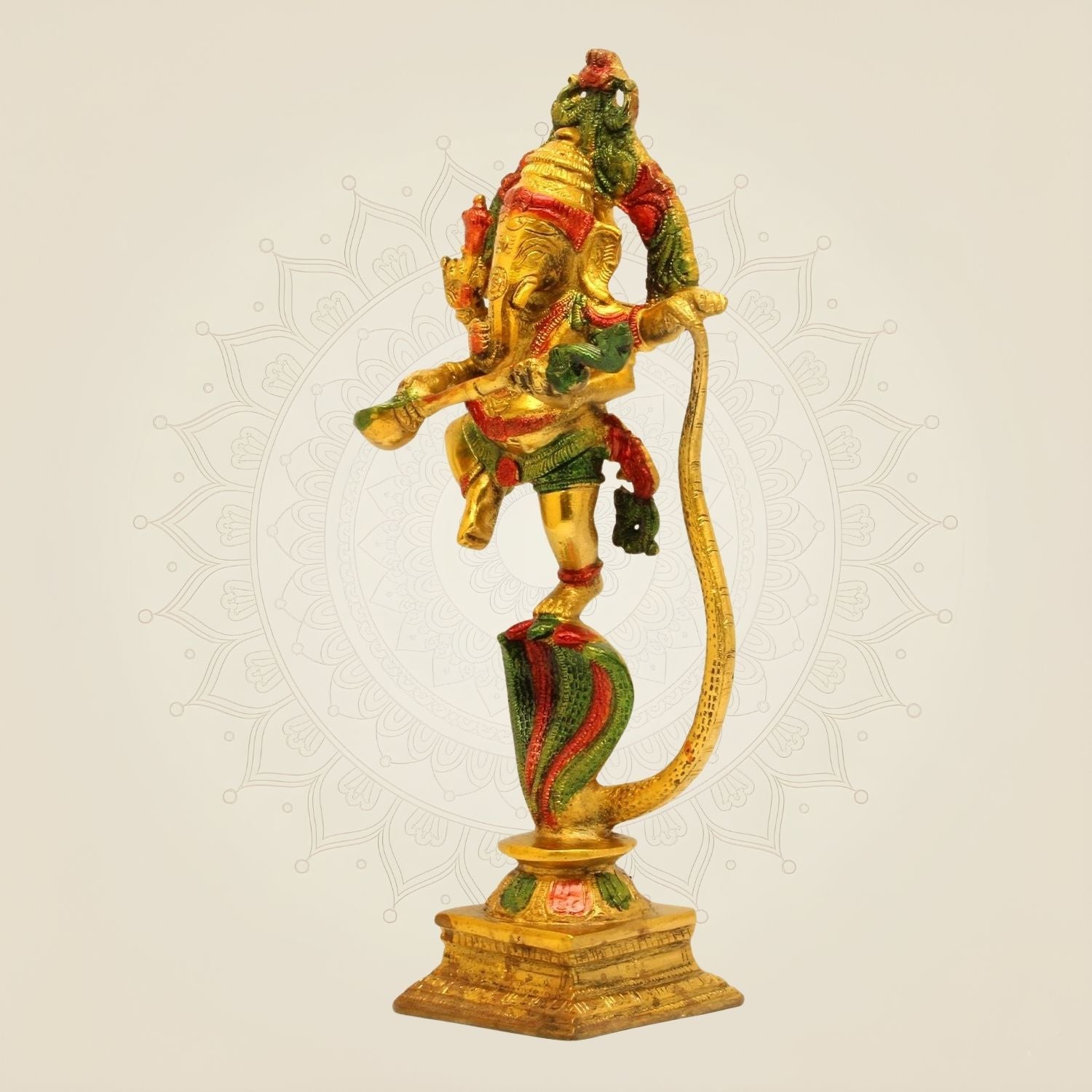 Ganesha Dancing on Sheshnag - Hand Painted Multicolor Brass Statue 10.5"