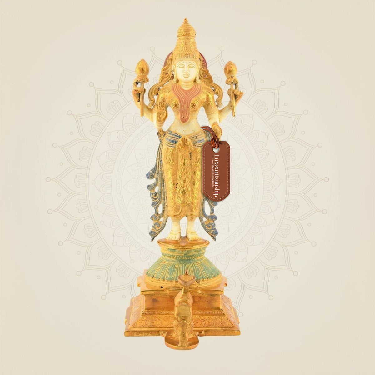 Standing Lakshmi ji Idol – 14.5" Brass Statue | 4-Armed Multicolor Mud Finish Design
