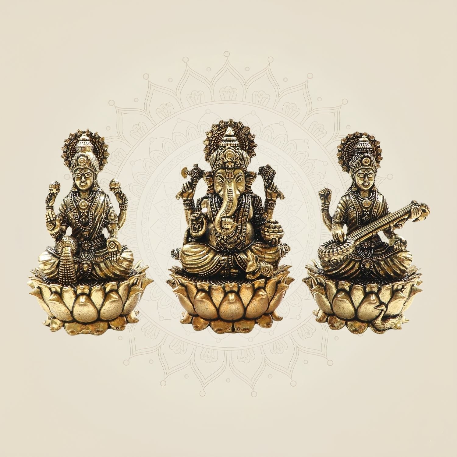 Lakshmi Ganesh Saraswati Idol on Lotus Set 3" – Small Size Pair for Pooja & Décor